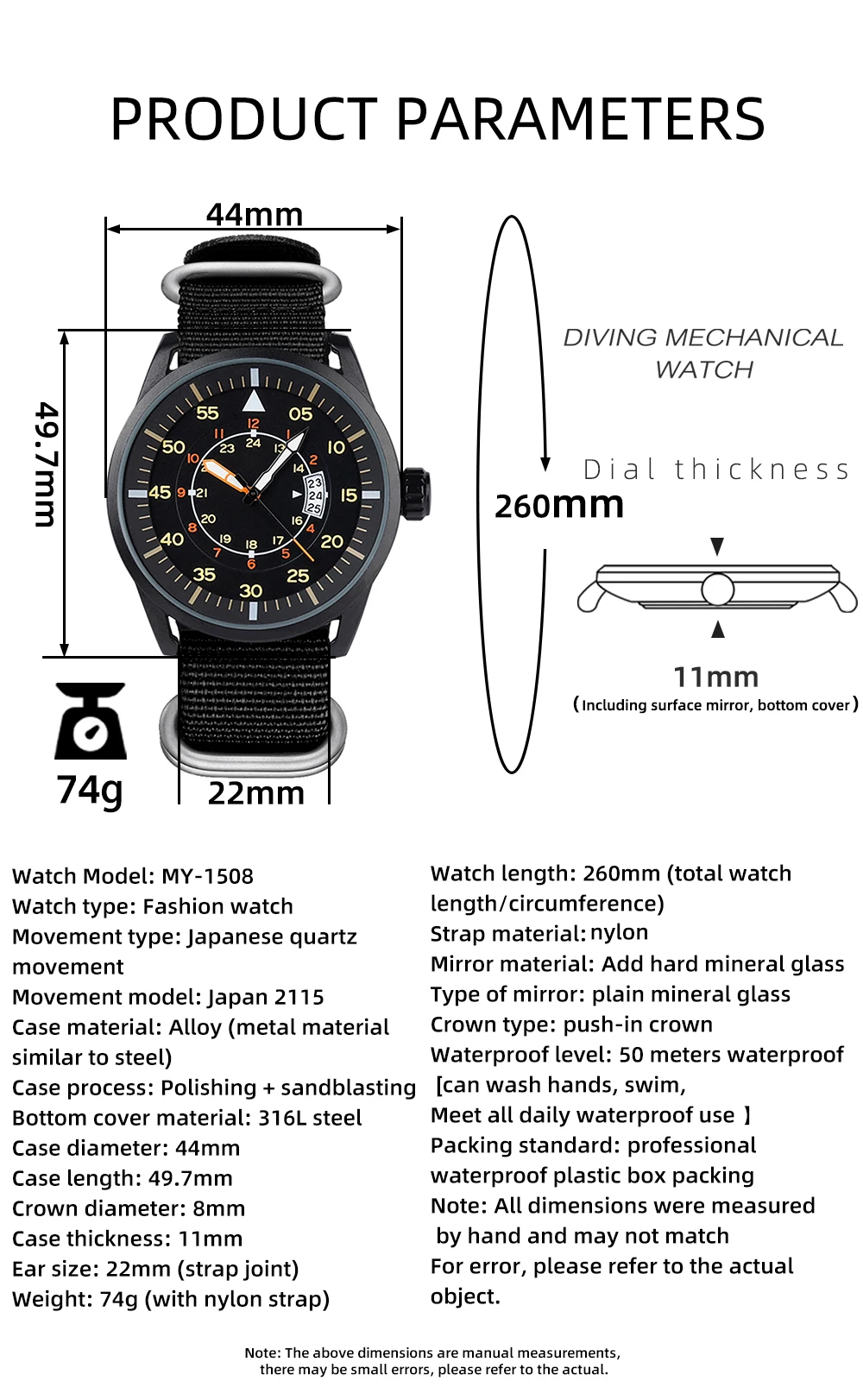 ADDIESDIVE New Men's Analog Watch 50m Waterproof Luminous Watch Fashion Sports Large Dial Men's Quartz Watch with Nylon Strap