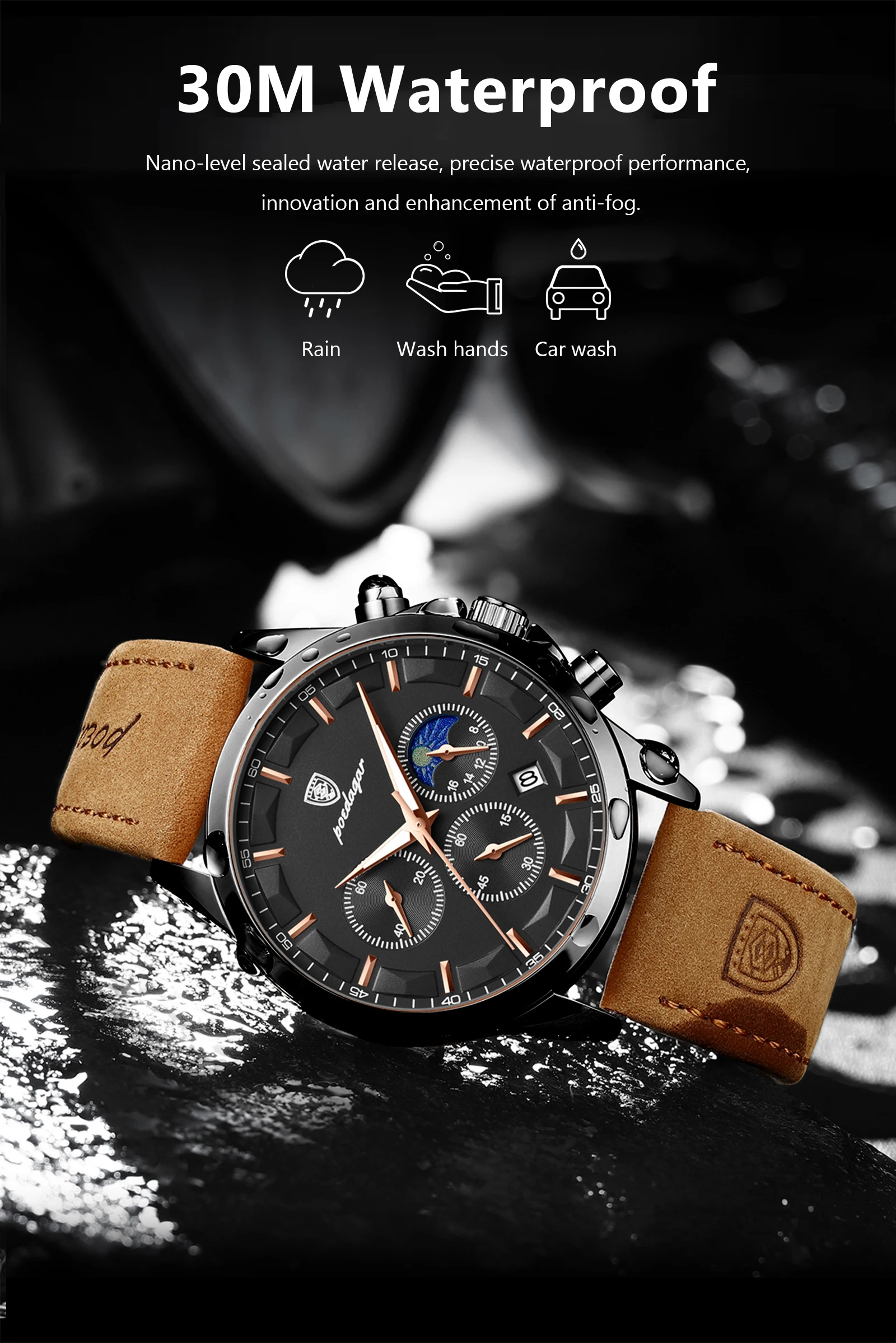 POEDAGAR Luxury Stylish Male Wristwatch Waterproof Chronograph Luminous Date Man Watch Leather Quartz Sports Men's Watches Reloj