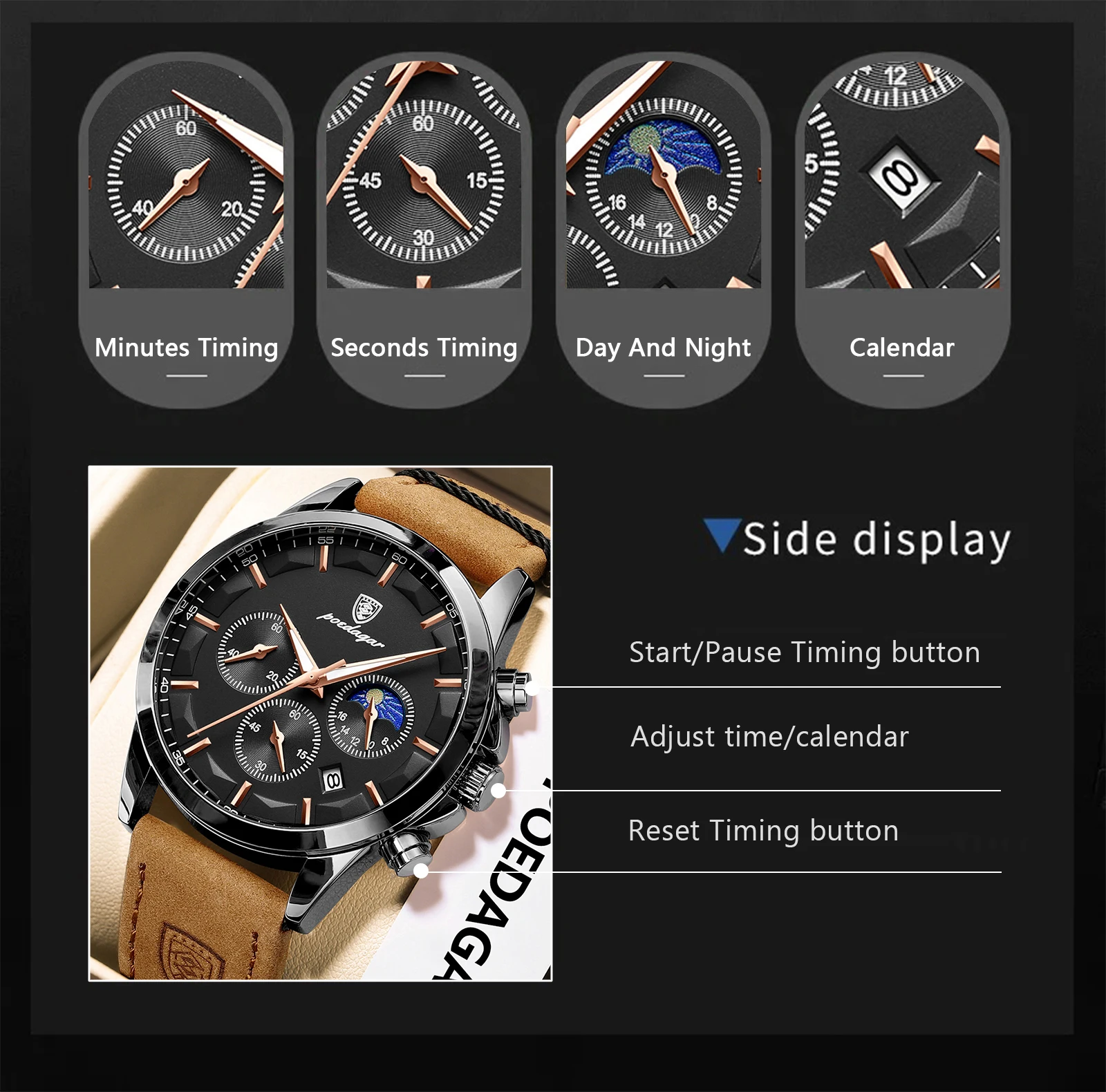 POEDAGAR Luxury Stylish Male Wristwatch Waterproof Chronograph Luminous Date Man Watch Leather Quartz Sports Men's Watches Reloj