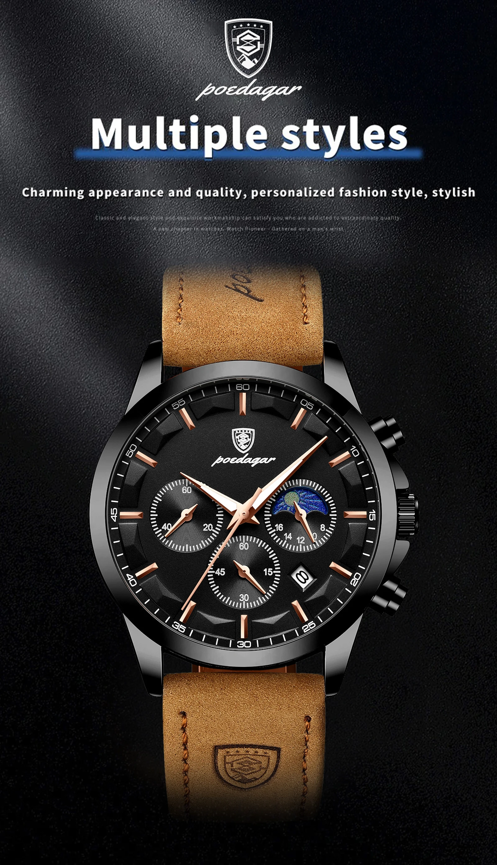 POEDAGAR Luxury Stylish Male Wristwatch Waterproof Chronograph Luminous Date Man Watch Leather Quartz Sports Men's Watches Reloj