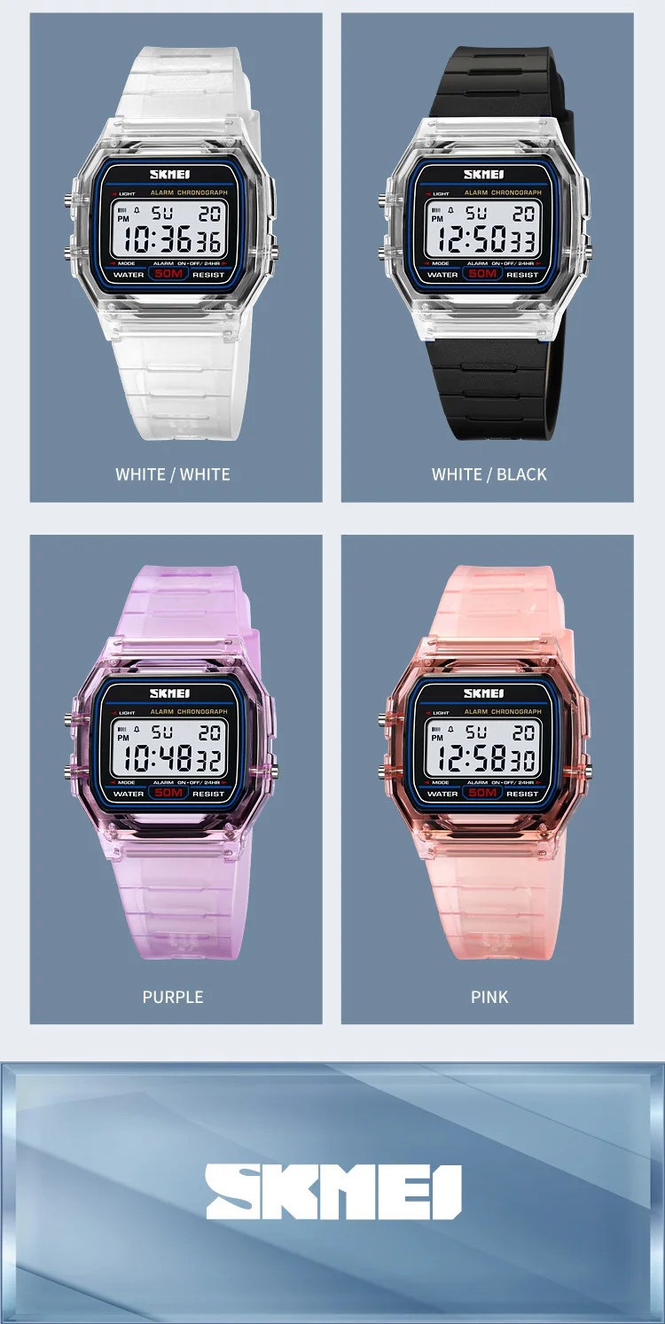 Skmei Women Digital Watches Fashion Transparent Case TPU Strap Led Waterproof Swimming Sports Wristwatch Female Alarm Clock