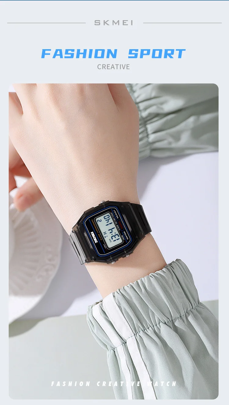 Skmei Women Digital Watches Fashion Transparent Case TPU Strap Led Waterproof Swimming Sports Wristwatch Female Alarm Clock