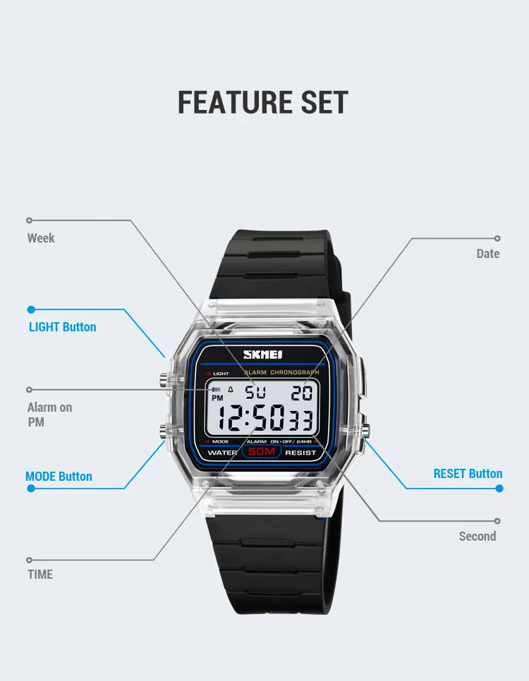 Skmei Women Digital Watches Fashion Transparent Case TPU Strap Led Waterproof Swimming Sports Wristwatch Female Alarm Clock