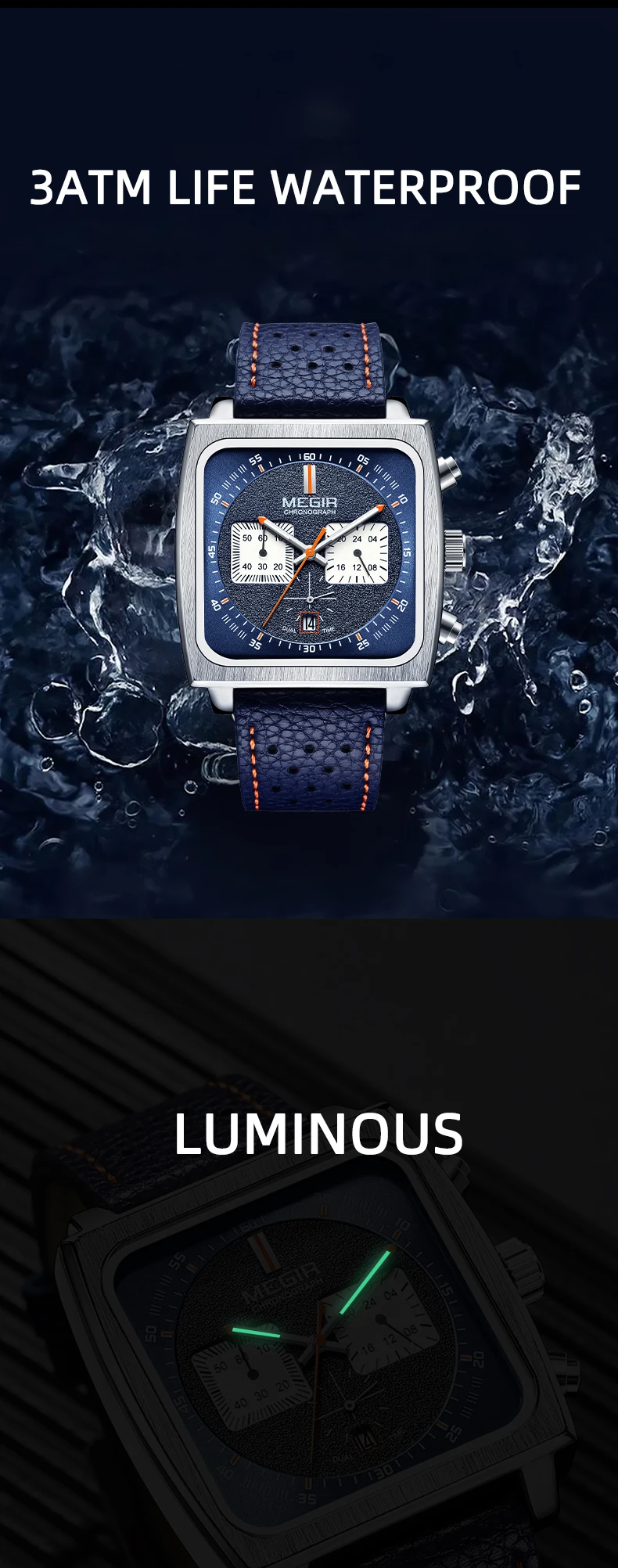 MEGIR 2182 Luxury Fashion Sports Chronograph Multi-Functional Military Leather Date Wristwatches for Men Relogio Masculino