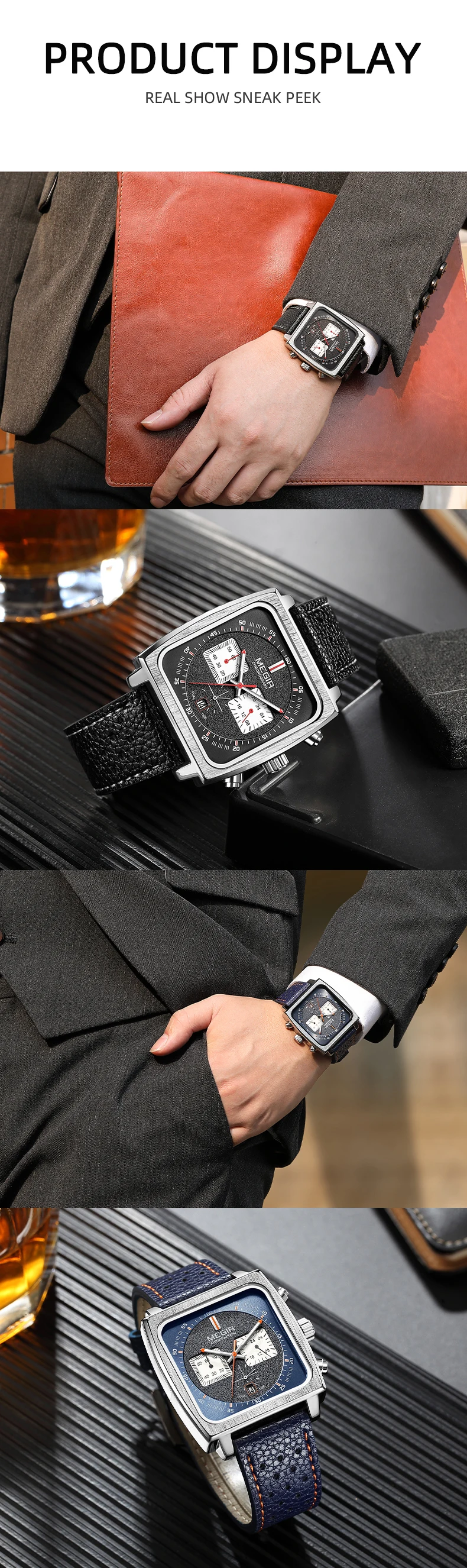 MEGIR 2182 Luxury Fashion Sports Chronograph Multi-Functional Military Leather Date Wristwatches for Men Relogio Masculino