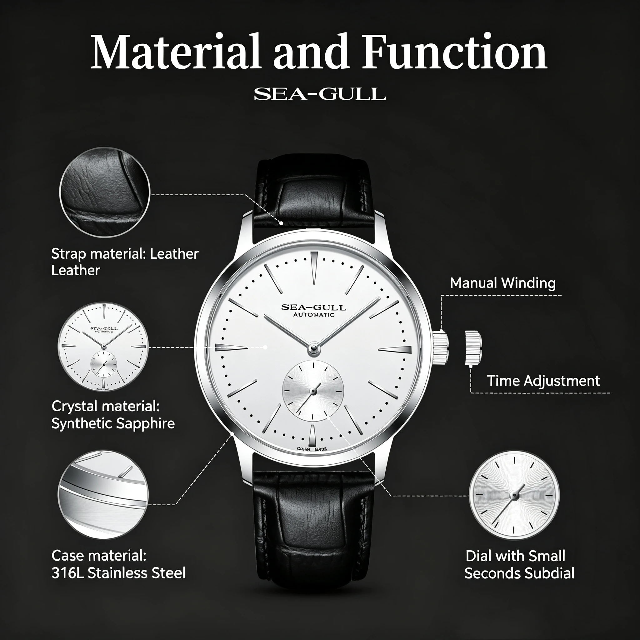 Seagull New Business Watch Men's Mechanical Wristwatches 50m Waterproof Leather Valentine Male Watches Relogio Masculino 6075