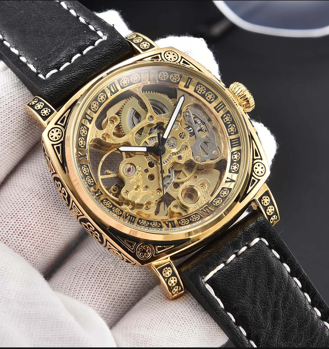 LONGLUX Automatic Watch Retro Style Wholesale Mechanical Wristwatches Skeleton Carve Waterproof Leather No Logo Mens Watch