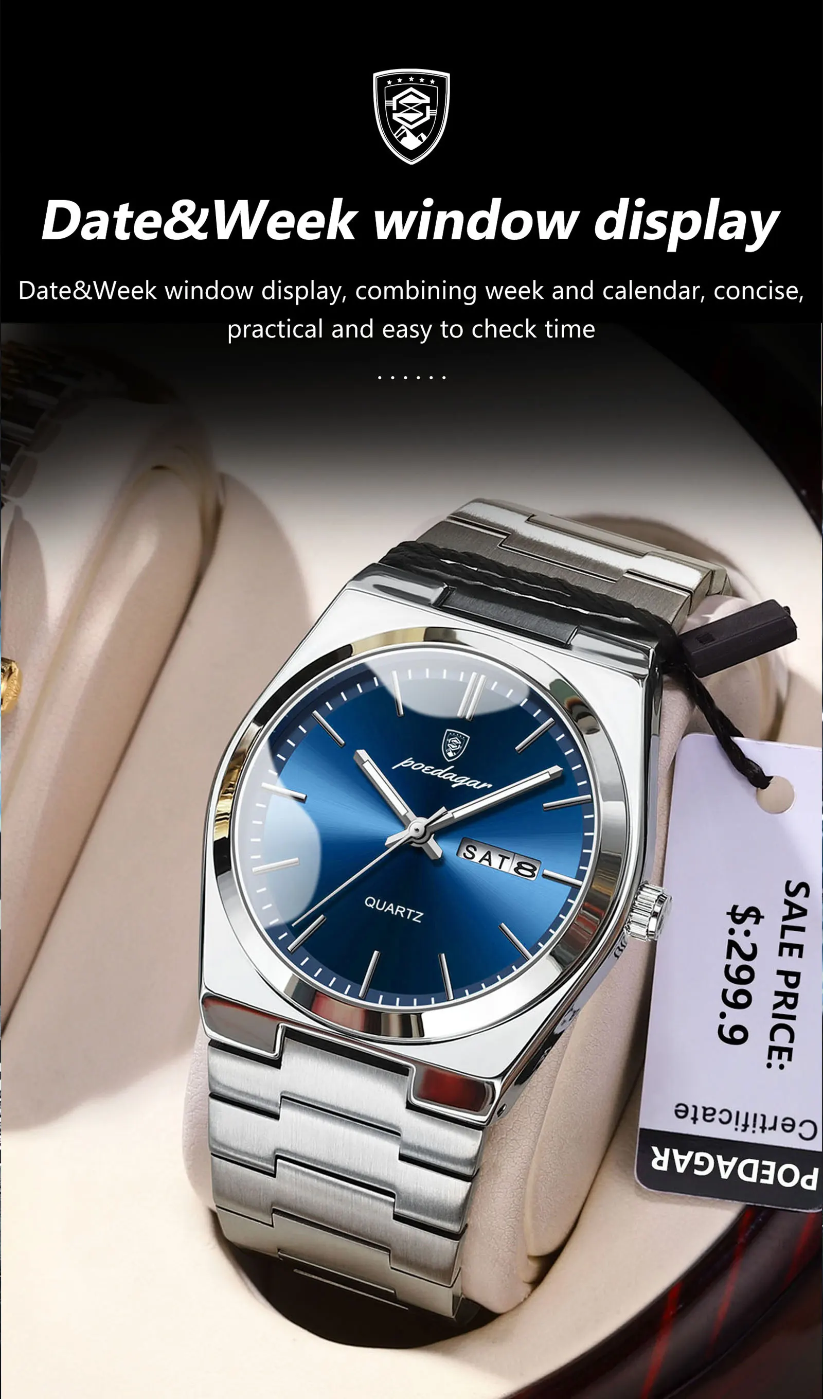 POEDAGAR Luxury Watches For Men Stainless Steel Waterproof Luminous Man Watch Date Week Fashion Casual Men's Quartz Watch Reloj