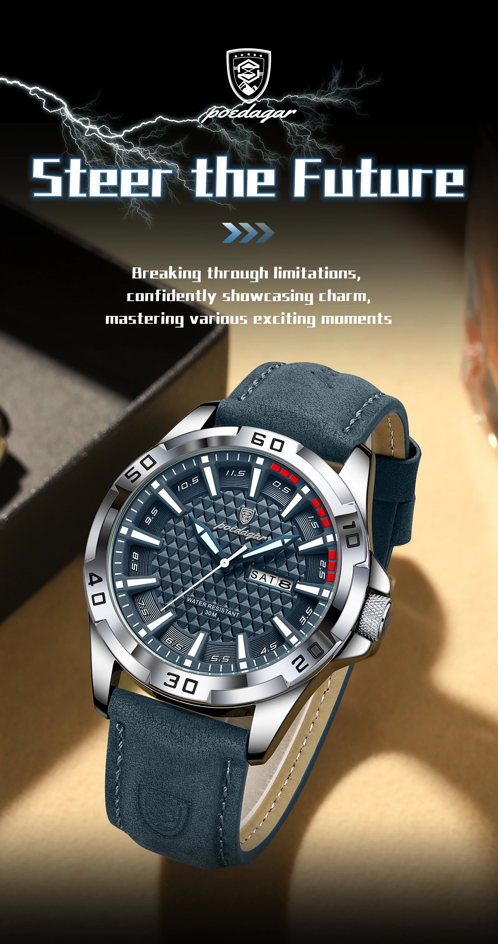 POEDAGAR Original Men Watch Luxury Waterproof Luminous Date Week Watch For Man Quartz Leather Fashion Men's Watches Reloj Hombre