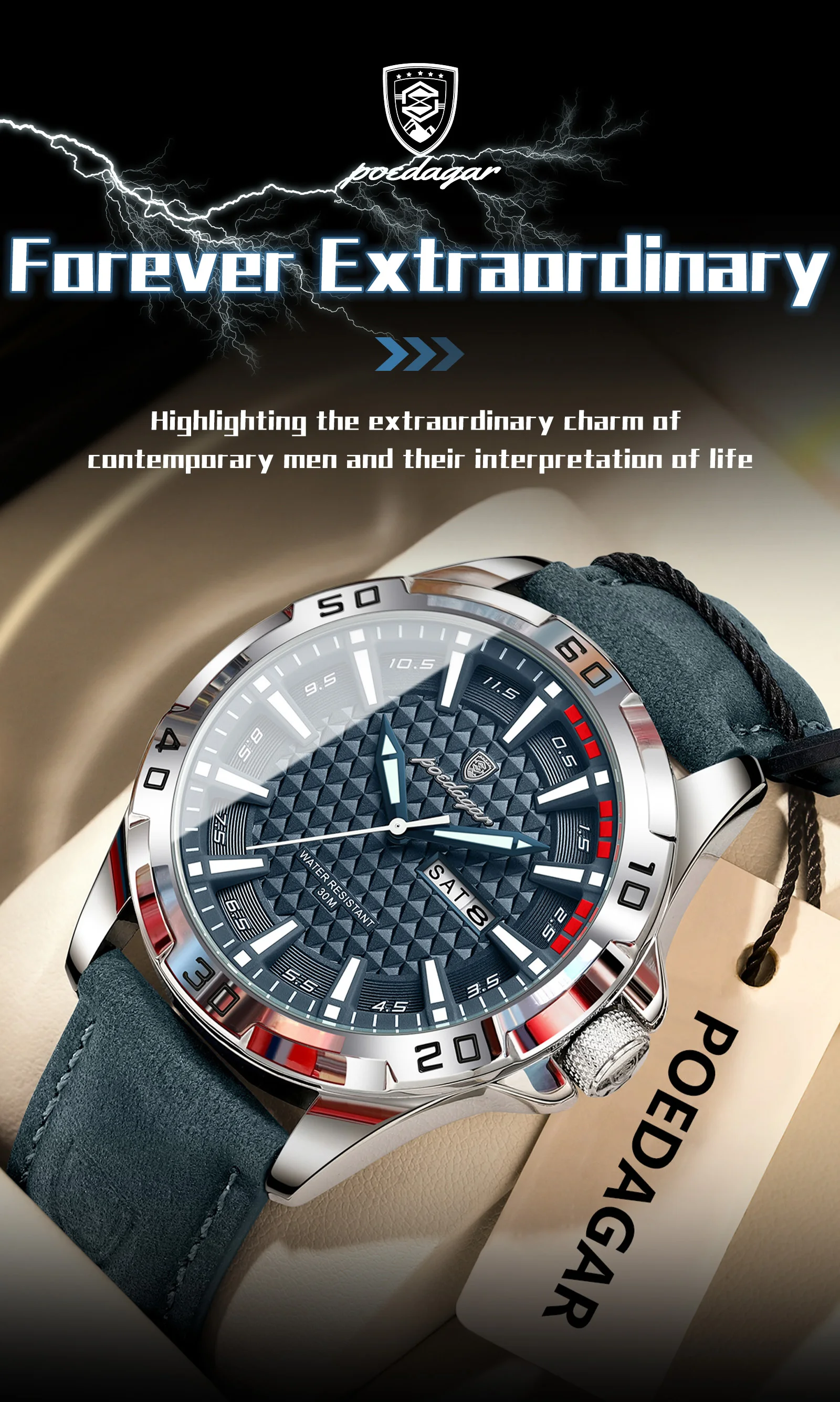POEDAGAR Original Men Watch Luxury Waterproof Luminous Date Week Watch For Man Quartz Leather Fashion Men's Watches Reloj Hombre