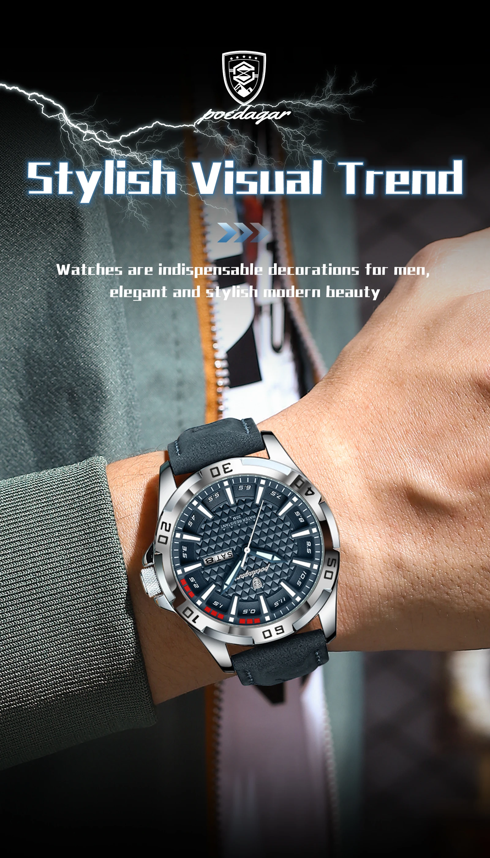 POEDAGAR Original Men Watch Luxury Waterproof Luminous Date Week Watch For Man Quartz Leather Fashion Men's Watches Reloj Hombre