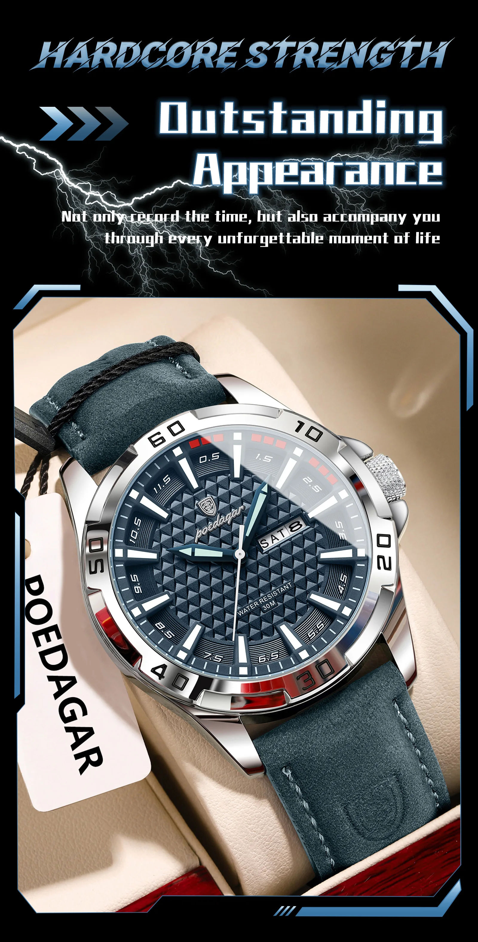 POEDAGAR Original Men Watch Luxury Waterproof Luminous Date Week Watch For Man Quartz Leather Fashion Men's Watches Reloj Hombre