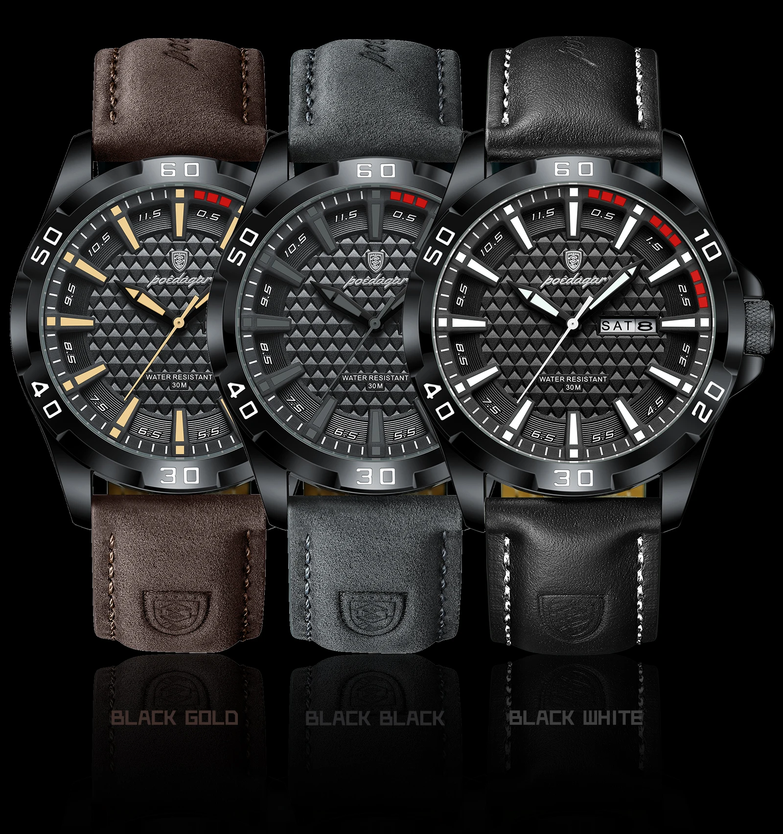 POEDAGAR Original Men Watch Luxury Waterproof Luminous Date Week Watch For Man Quartz Leather Fashion Men's Watches Reloj Hombre