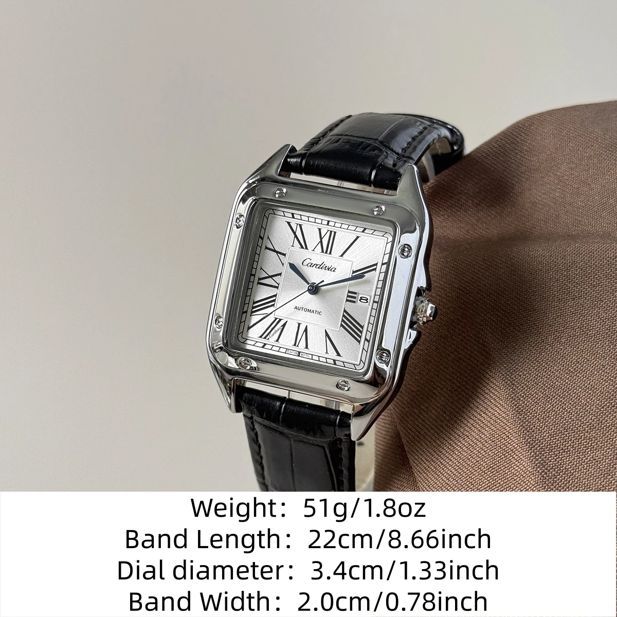 Men's Square Roman Numeral Quartz Watch, Luxury Stainless Steel Case, Black Leather Strap, Automatic Style Wristwatch, Waterproof, Business Dress Watch, Date Display, Elegant Watch, Suitable for Gentlemen's Casual and Formal Daily Wear