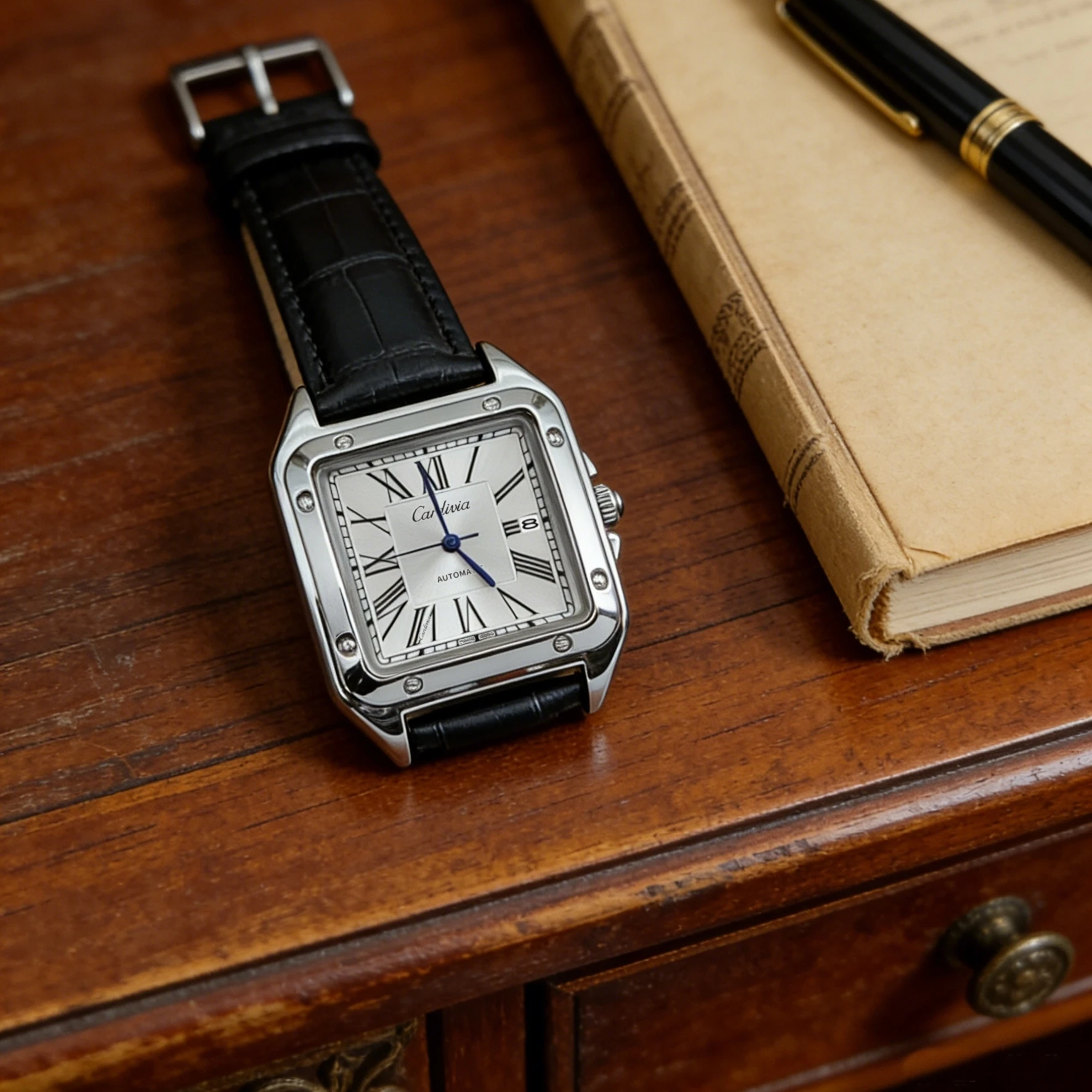 Men's Square Roman Numeral Quartz Watch, Luxury Stainless Steel Case, Black Leather Strap, Automatic Style Wristwatch, Waterproof, Business Dress Watch, Date Display, Elegant Watch, Suitable for Gentlemen's Casual and Formal Daily Wear