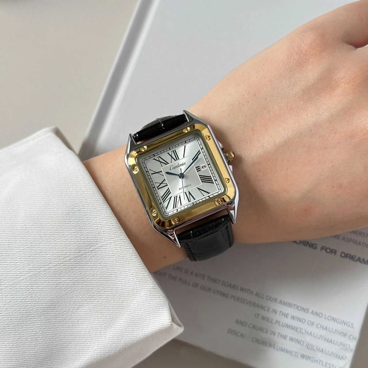 Men's Square Roman Numeral Quartz Watch, Luxury Stainless Steel Case, Black Leather Strap, Automatic Style Wristwatch, Waterproof, Business Dress Watch, Date Display, Elegant Watch, Suitable for Gentlemen's Casual and Formal Daily Wear