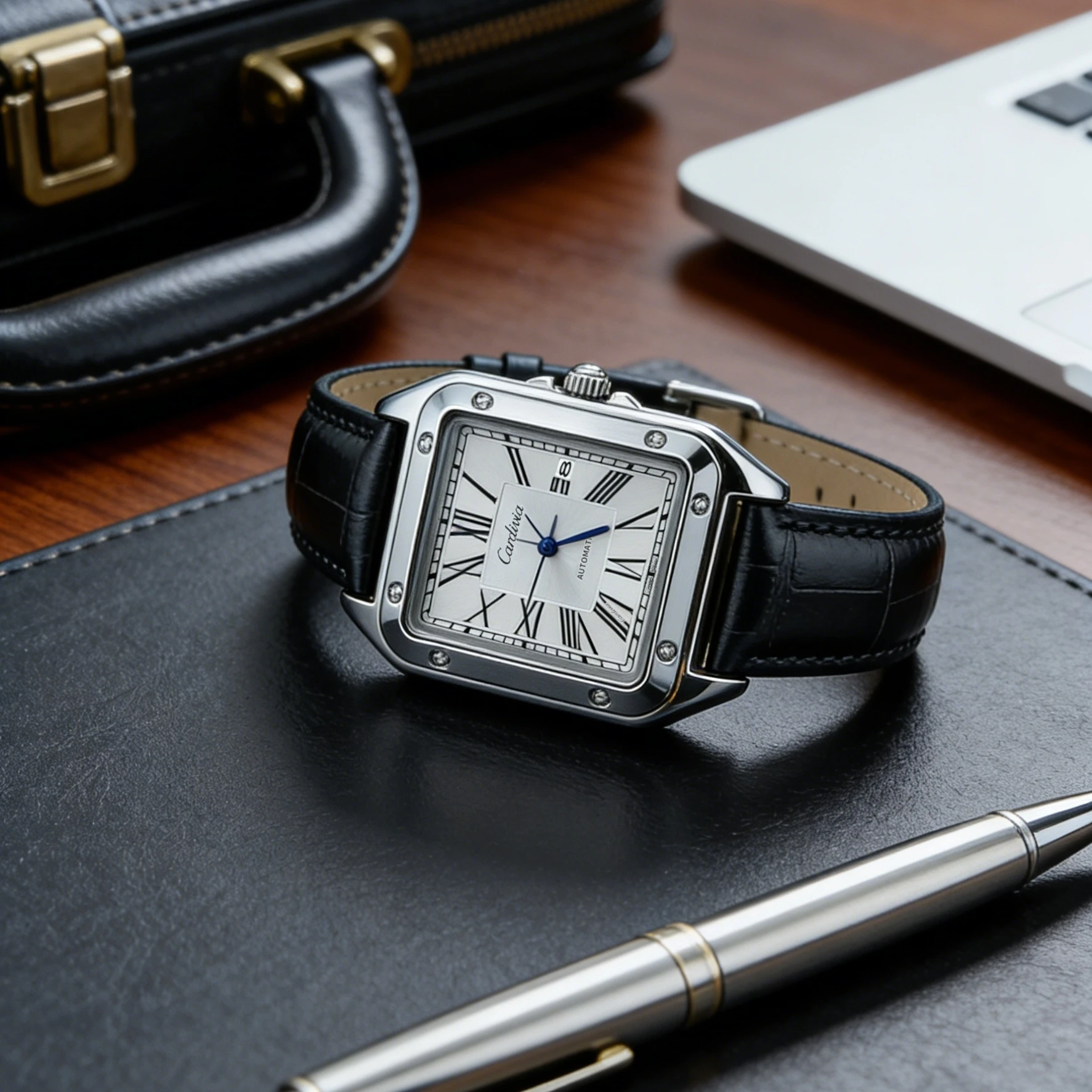 Men's Square Roman Numeral Quartz Watch, Luxury Stainless Steel Case, Black Leather Strap, Automatic Style Wristwatch, Waterproof, Business Dress Watch, Date Display, Elegant Watch, Suitable for Gentlemen's Casual and Formal Daily Wear