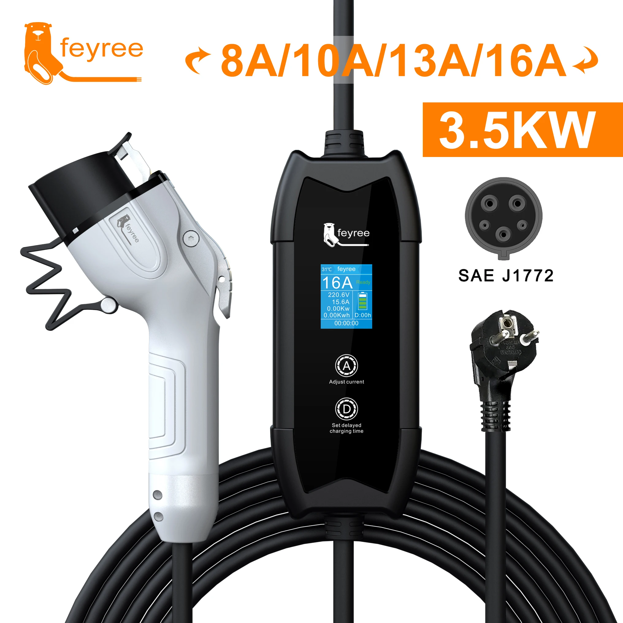 Feyree EV Portable Charger Type2 / GB/T Plug Connector 16A 1Phase 3.5KW Type1 3.5m Wallbox Charging Station for Electric Vehicle