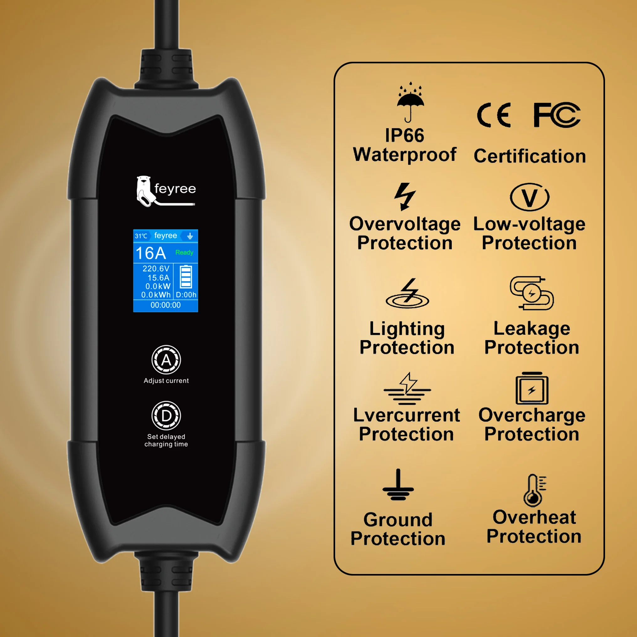 Feyree EV Portable Charger Type2 / GB/T Plug Connector 16A 1Phase 3.5KW Type1 3.5m Wallbox Charging Station for Electric Vehicle