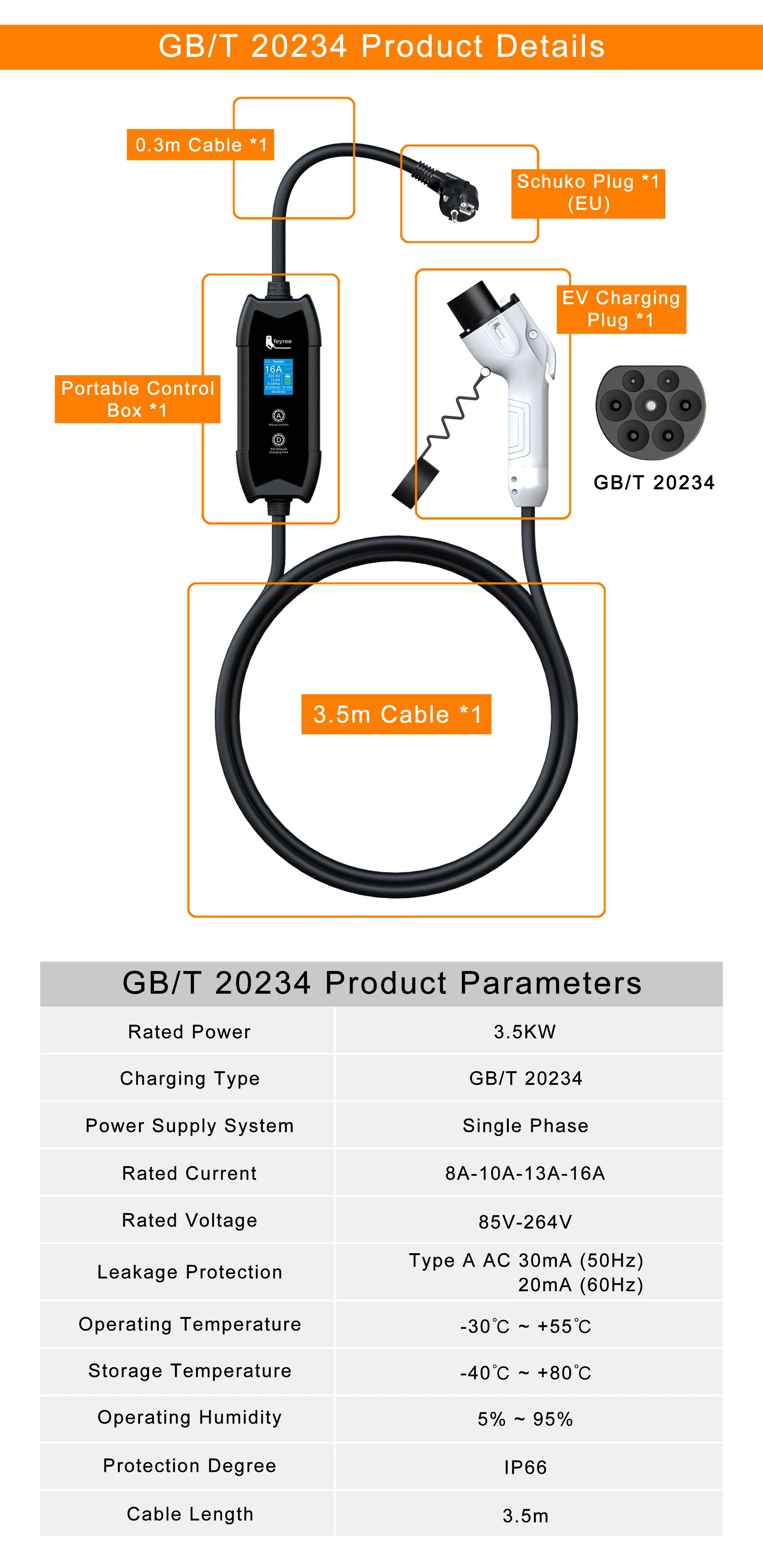 Feyree EV Portable Charger Type2 / GB/T Plug Connector 16A 1Phase 3.5KW Type1 3.5m Wallbox Charging Station for Electric Vehicle