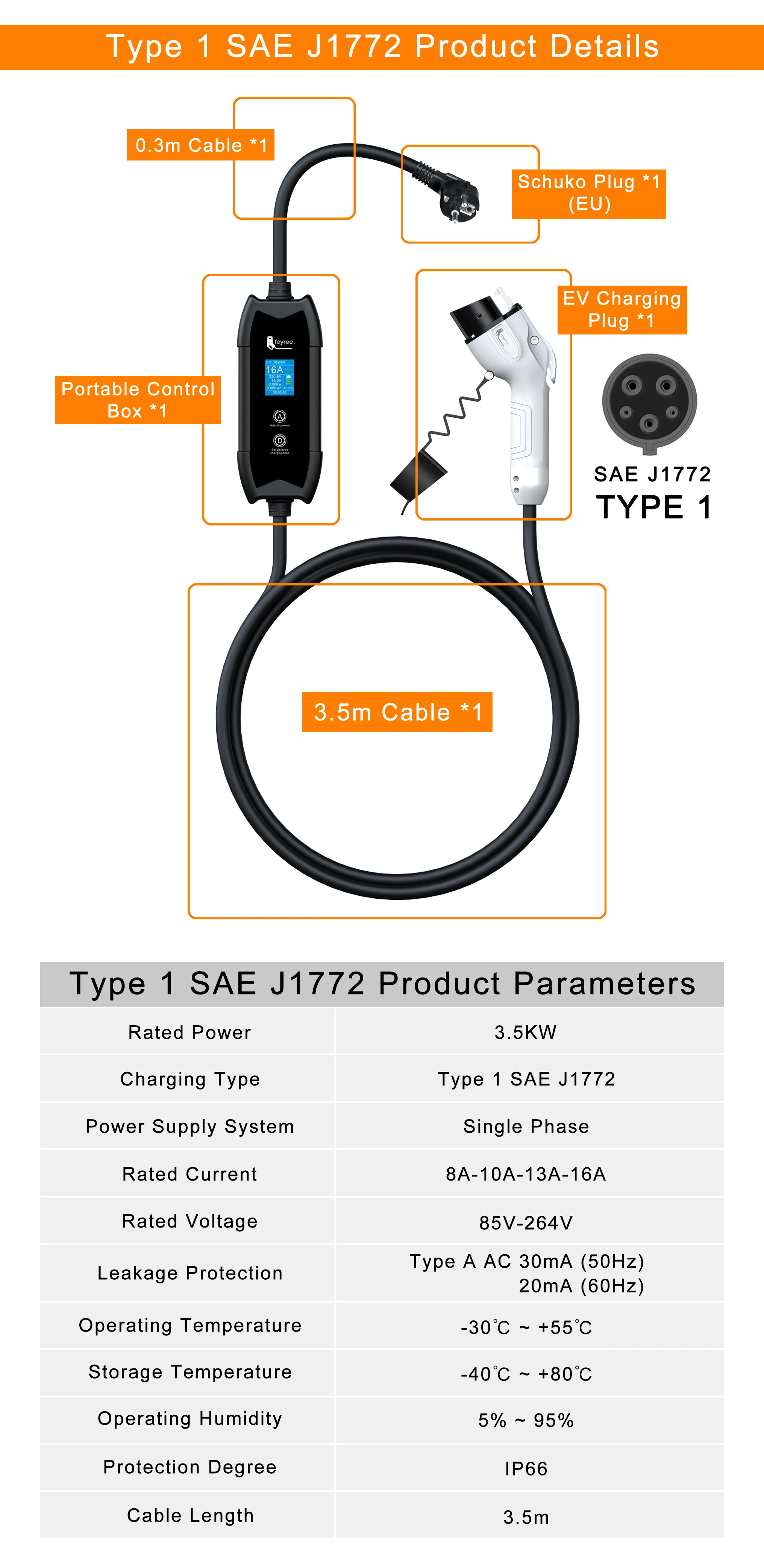 Feyree EV Portable Charger Type2 / GB/T Plug Connector 16A 1Phase 3.5KW Type1 3.5m Wallbox Charging Station for Electric Vehicle