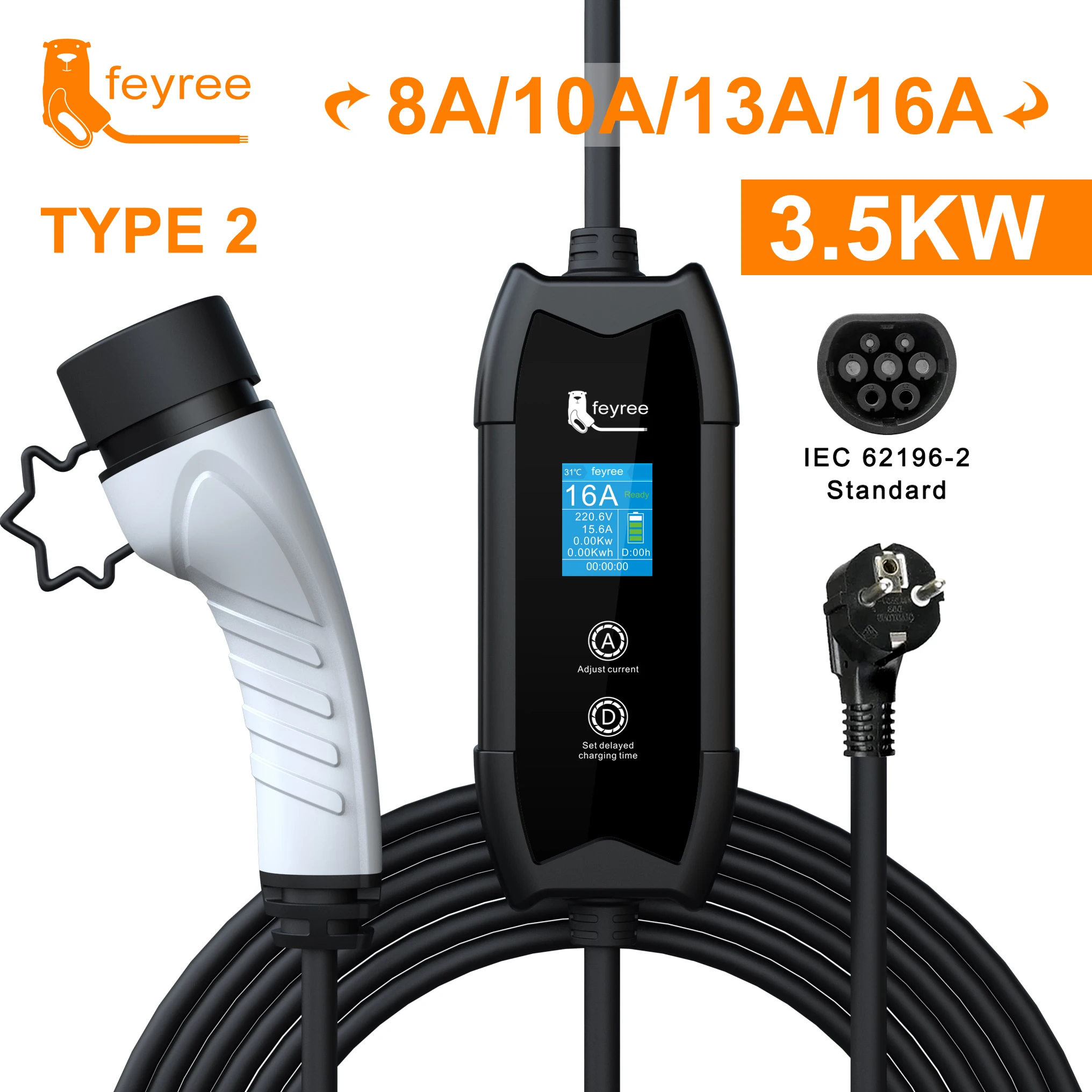 Feyree EV Portable Charger Type2 / GB/T Plug Connector 16A 1Phase 3.5KW Type1 3.5m Wallbox Charging Station for Electric Vehicle