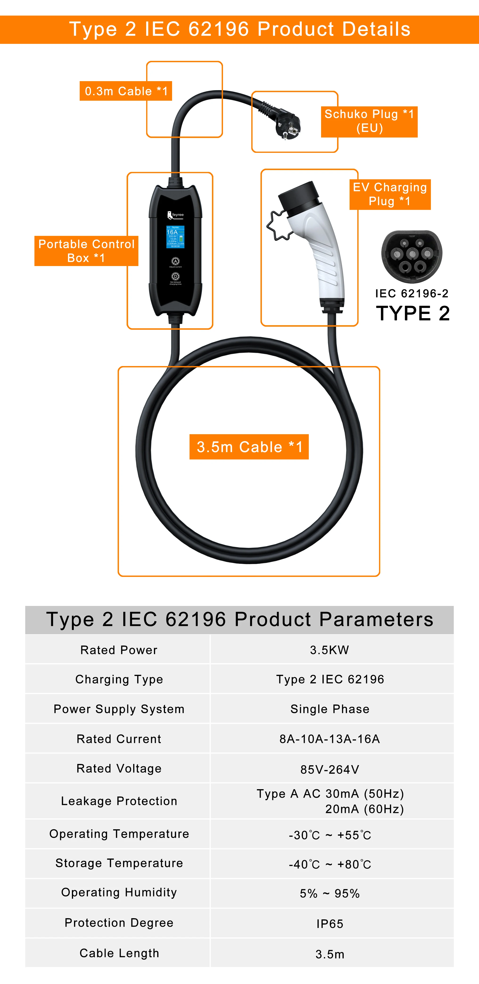 Feyree EV Portable Charger Type2 / GB/T Plug Connector 16A 1Phase 3.5KW Type1 3.5m Wallbox Charging Station for Electric Vehicle