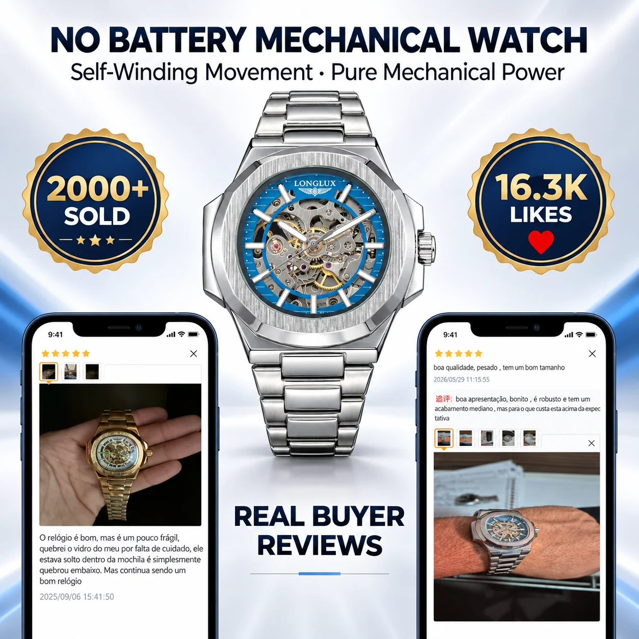 LONGLUX Men Automatic Mechanical Watch Luxury Watches Waterproof Skeleton Business Cheap Wholesale Stainless Steel Gift Watch