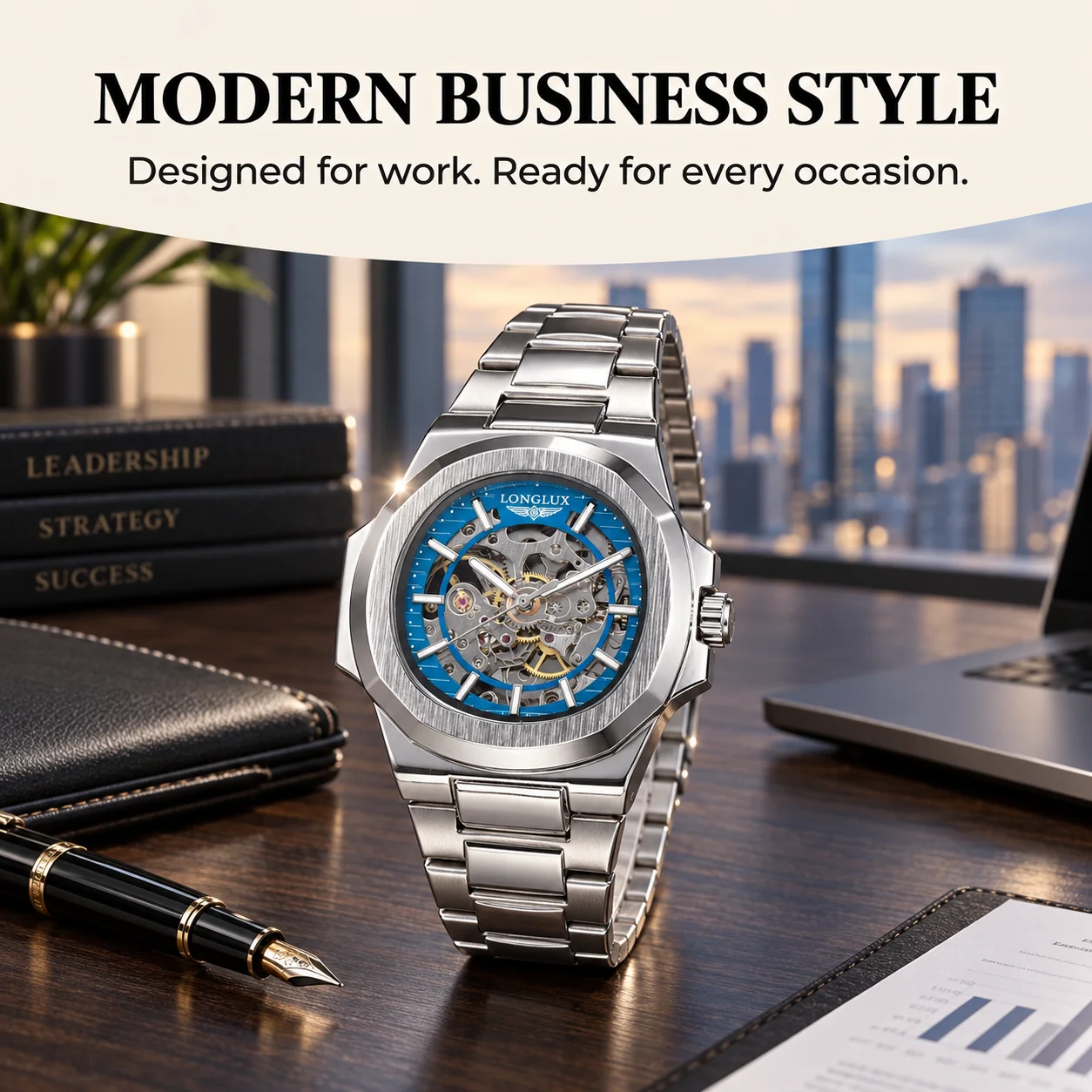 LONGLUX Men Automatic Mechanical Watch Luxury Watches Waterproof Skeleton Business Cheap Wholesale Stainless Steel Gift Watch