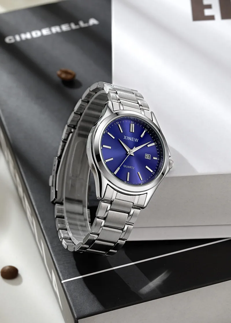 Genuine XINEW Brand Men Watches Students Fashion Casual Full Stainless Steel Band Simple Date Quartz Wrist Vintage Watch Silver