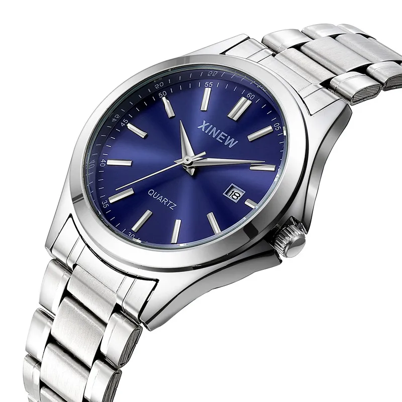 Genuine XINEW Brand Men Watches Students Fashion Casual Full Stainless Steel Band Simple Date Quartz Wrist Vintage Watch Silver