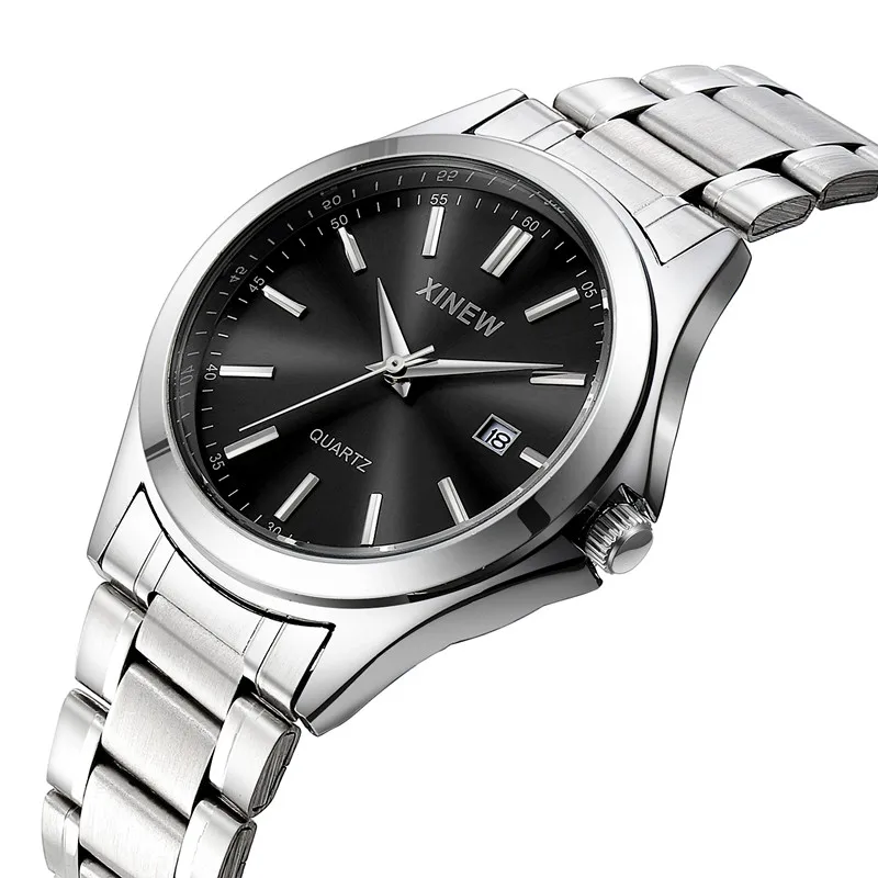 Genuine XINEW Brand Men Watches Students Fashion Casual Full Stainless Steel Band Simple Date Quartz Wrist Vintage Watch Silver