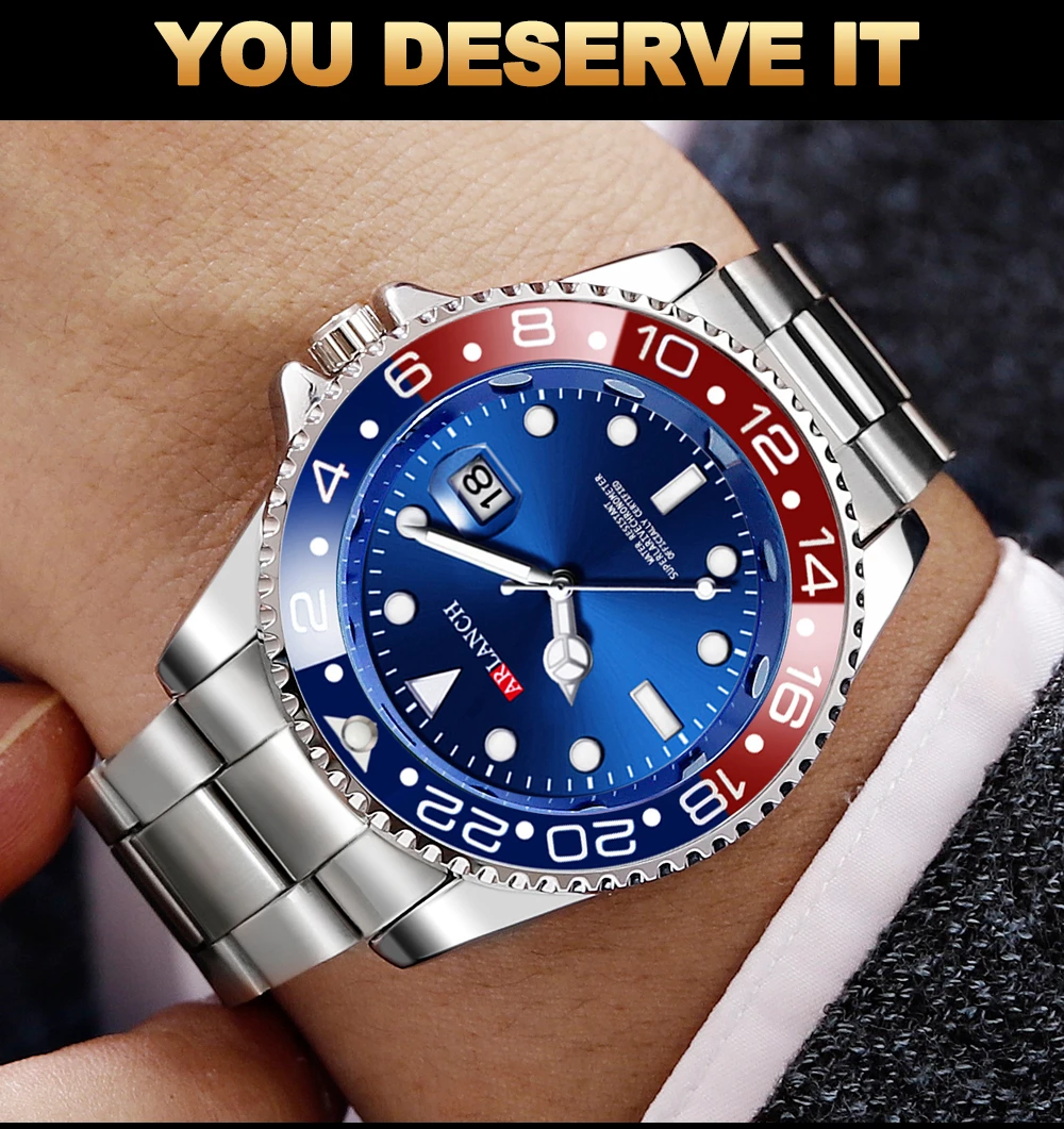 Stainless Steel Watch 40mm Business Fashion Red Blue Circle Diving Series Magnifying Glass Calendar Quartz Watches montre homme