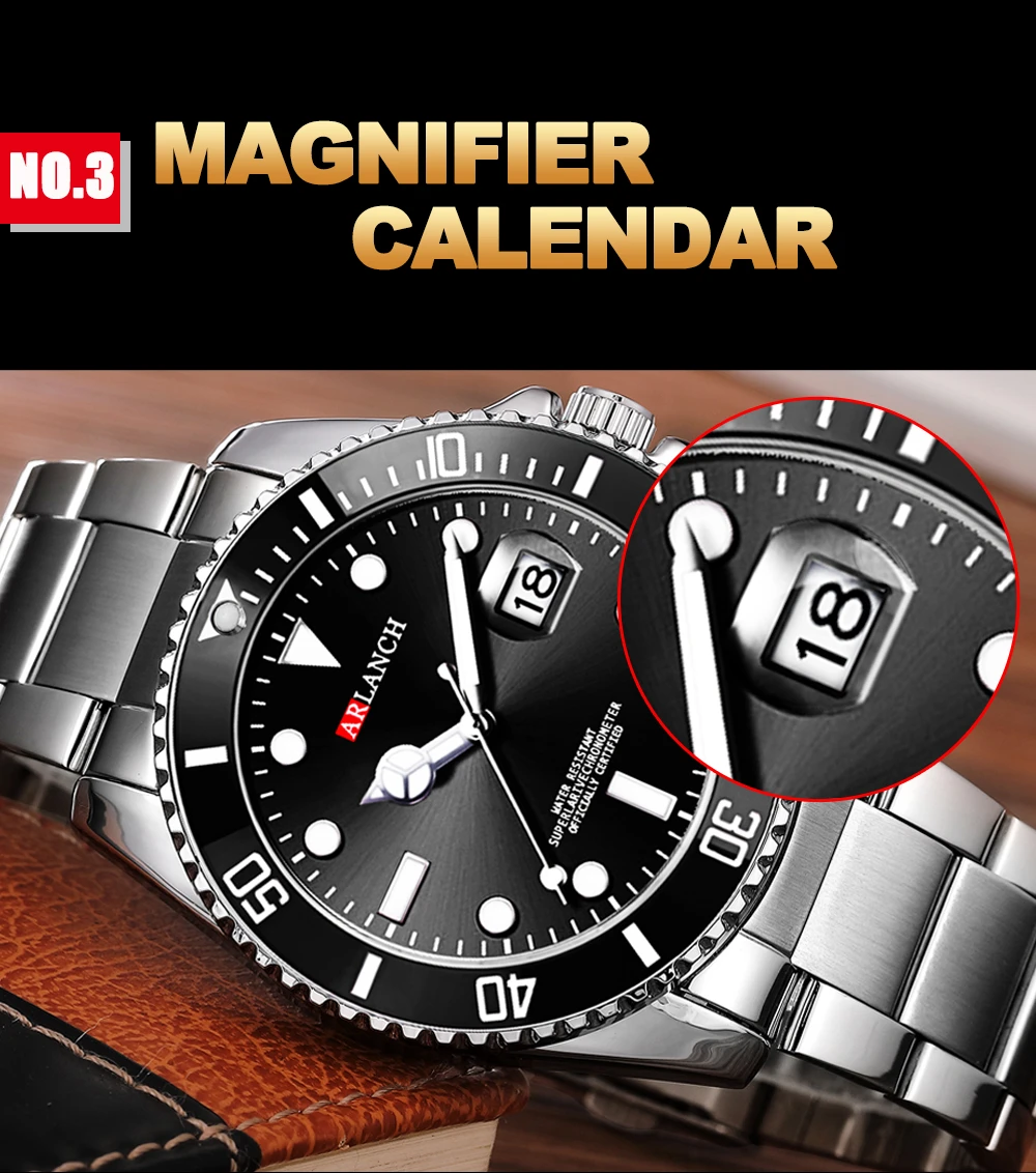 Stainless Steel Watch 40mm Business Fashion Red Blue Circle Diving Series Magnifying Glass Calendar Quartz Watches montre homme