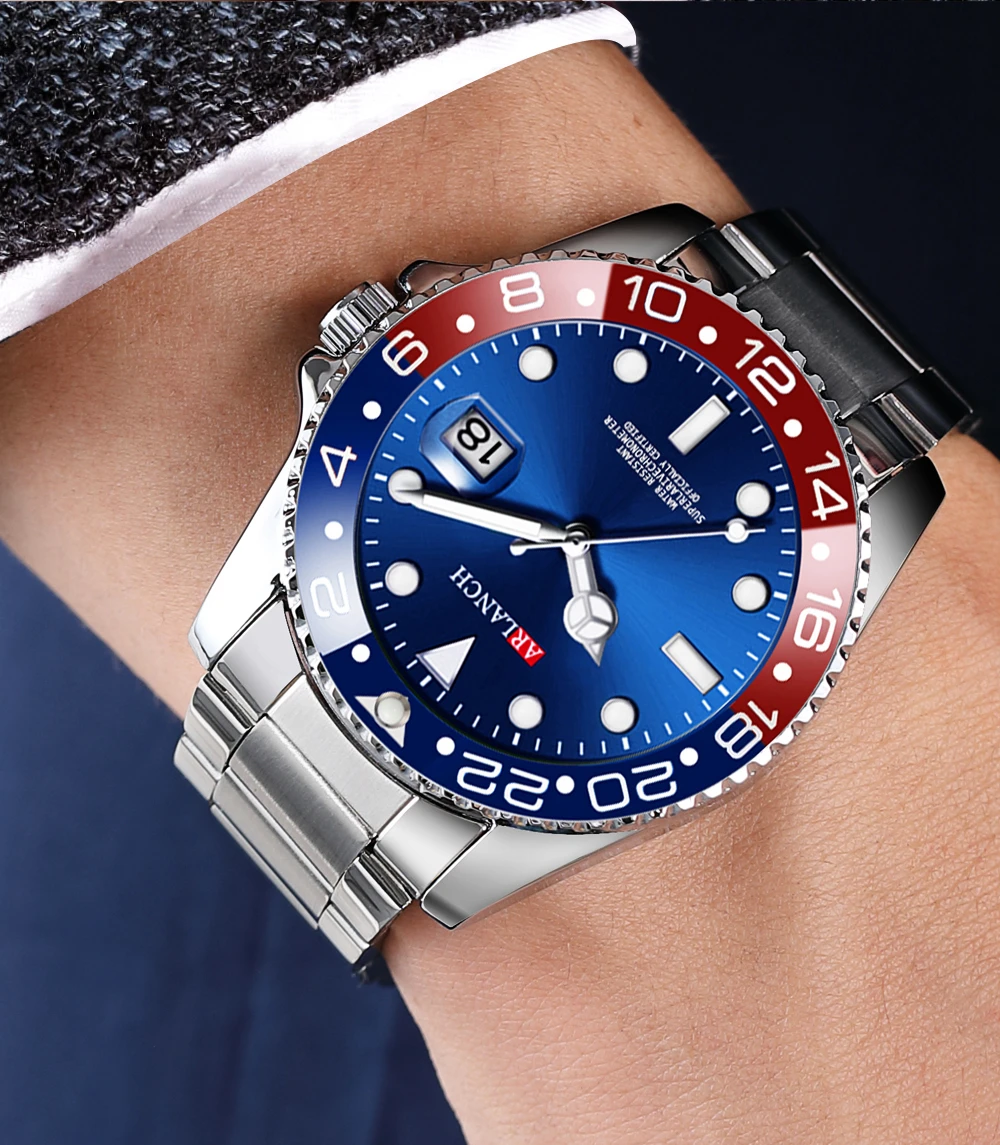 Stainless Steel Watch 40mm Business Fashion Red Blue Circle Diving Series Magnifying Glass Calendar Quartz Watches montre homme