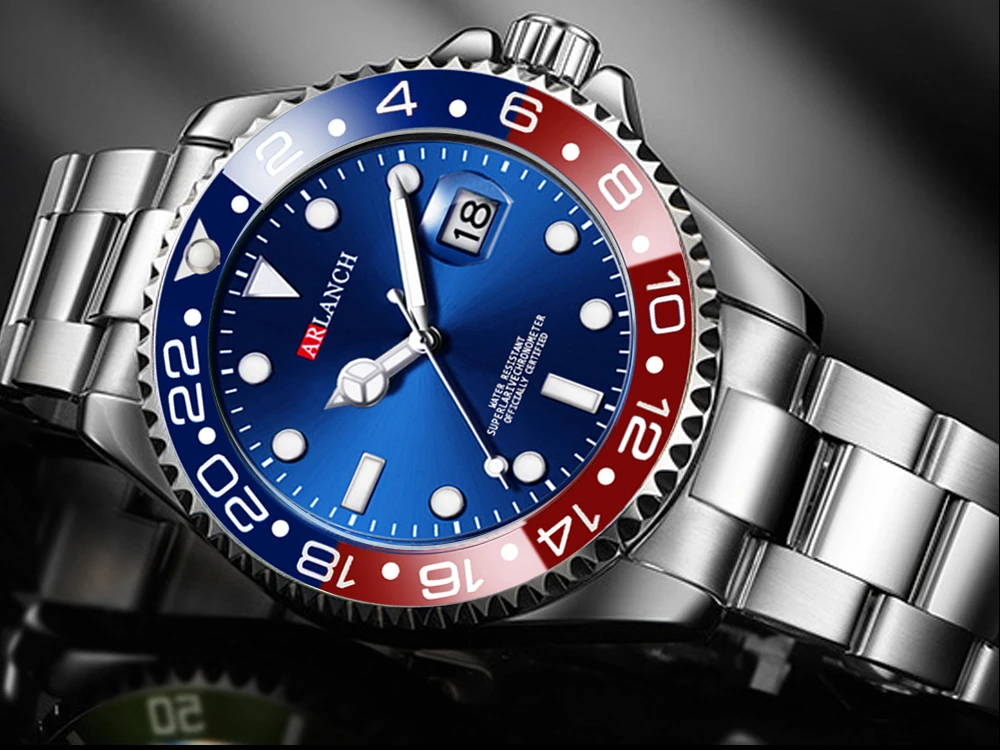 Stainless Steel Watch 40mm Business Fashion Red Blue Circle Diving Series Magnifying Glass Calendar Quartz Watches montre homme