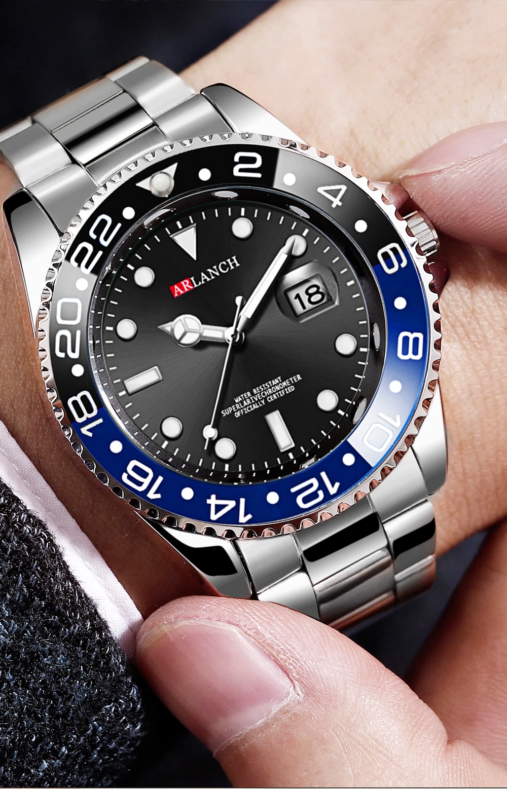 Stainless Steel Watch 40mm Business Fashion Red Blue Circle Diving Series Magnifying Glass Calendar Quartz Watches montre homme
