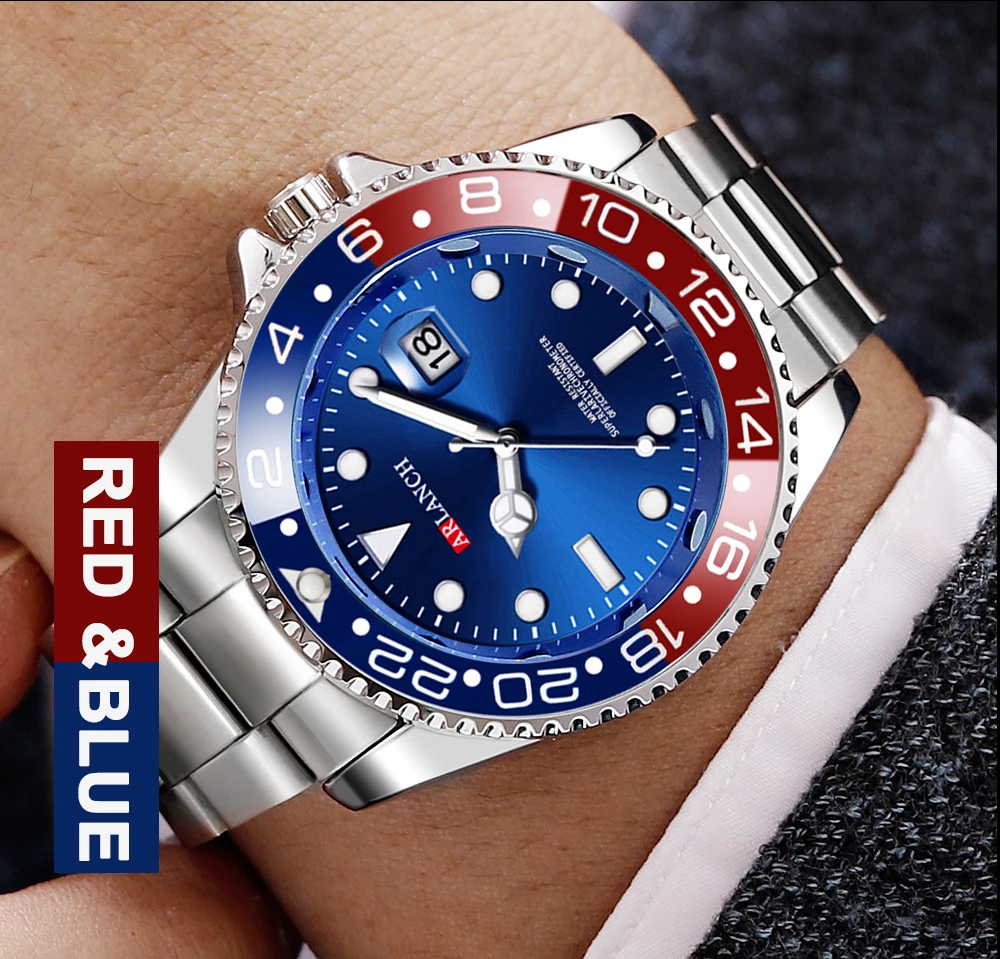 Stainless Steel Watch 40mm Business Fashion Red Blue Circle Diving Series Magnifying Glass Calendar Quartz Watches montre homme