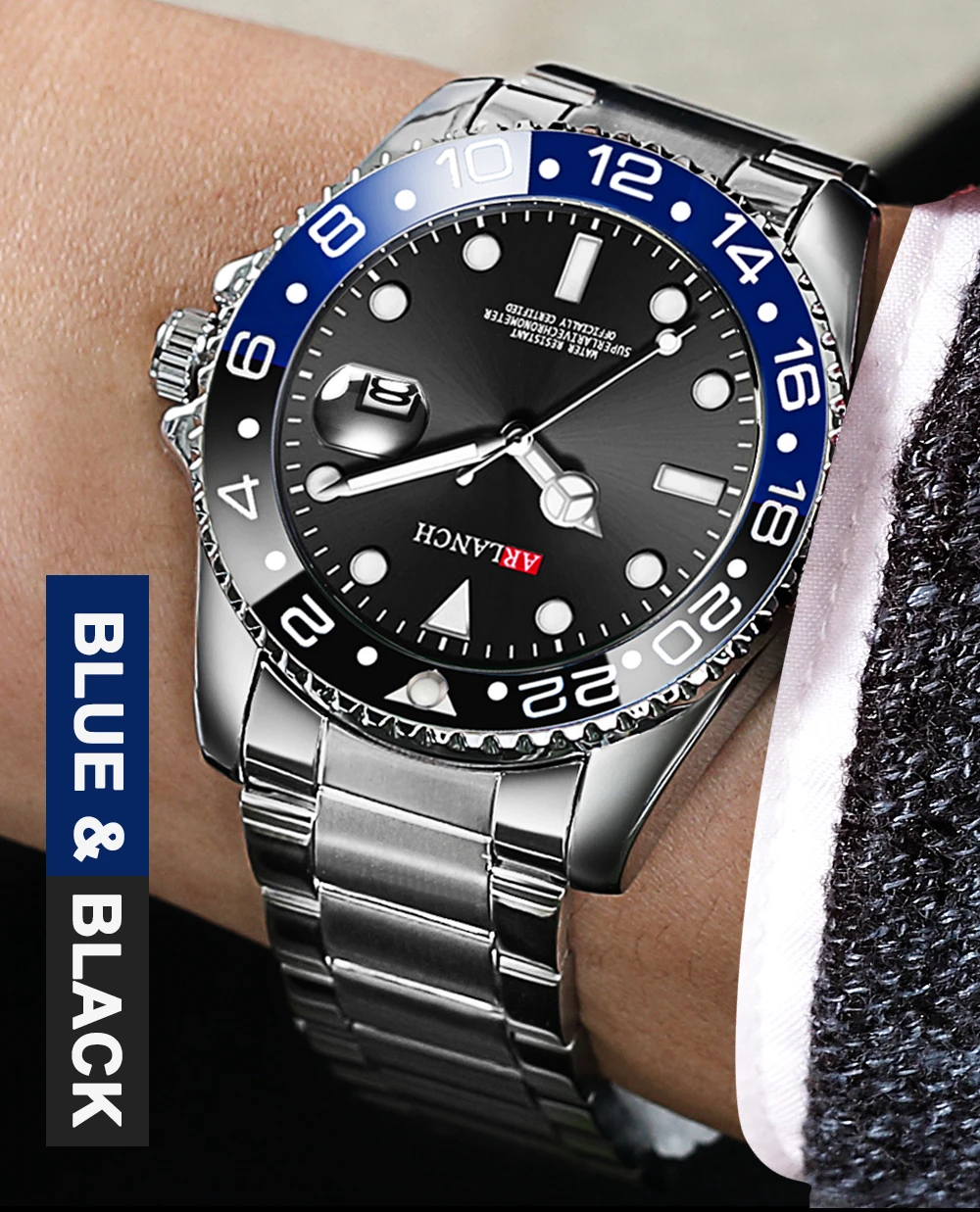 Stainless Steel Watch 40mm Business Fashion Red Blue Circle Diving Series Magnifying Glass Calendar Quartz Watches montre homme