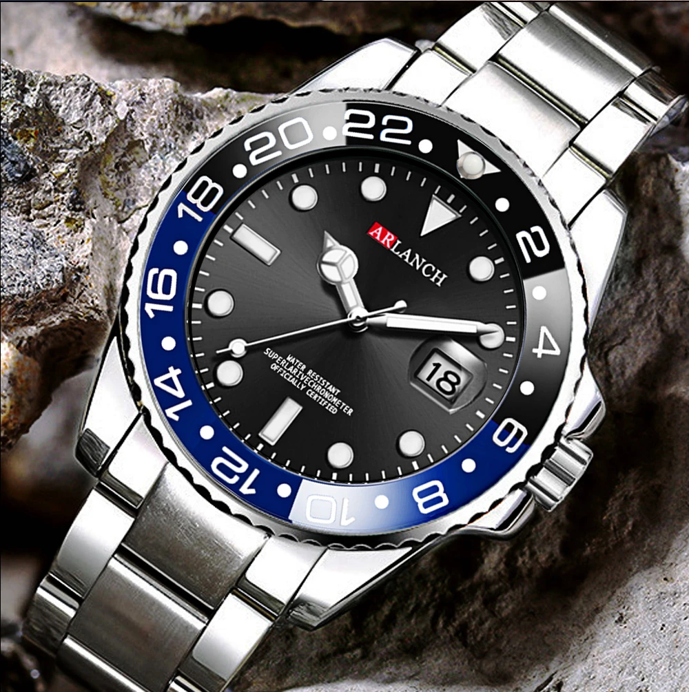 Stainless Steel Watch 40mm Business Fashion Red Blue Circle Diving Series Magnifying Glass Calendar Quartz Watches montre homme