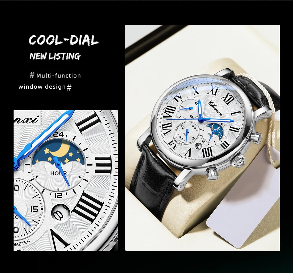 CHENXI 973 Men Quartz Watch Fashion Business Moon Phase Date Multifunctional Chronograph Leather Strap Wristwatch