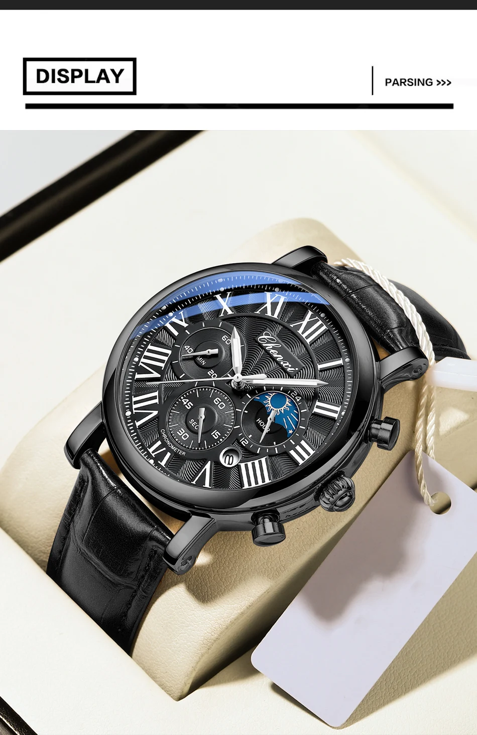 CHENXI 973 Men Quartz Watch Fashion Business Moon Phase Date Multifunctional Chronograph Leather Strap Wristwatch