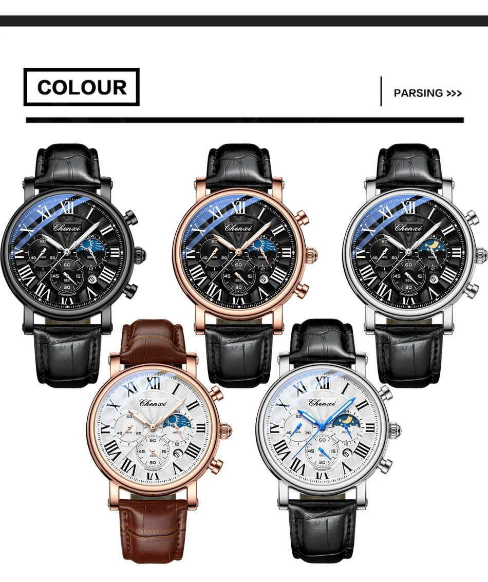 CHENXI 973 Men Quartz Watch Fashion Business Moon Phase Date Multifunctional Chronograph Leather Strap Wristwatch