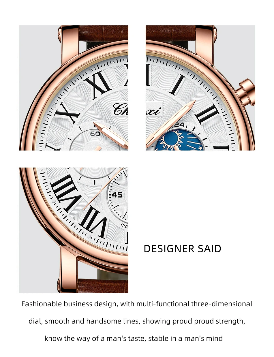 CHENXI 973 Men Quartz Watch Fashion Business Moon Phase Date Multifunctional Chronograph Leather Strap Wristwatch