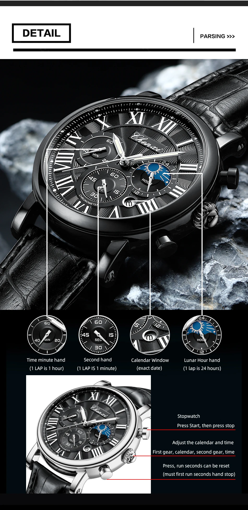 CHENXI 973 Men Quartz Watch Fashion Business Moon Phase Date Multifunctional Chronograph Leather Strap Wristwatch