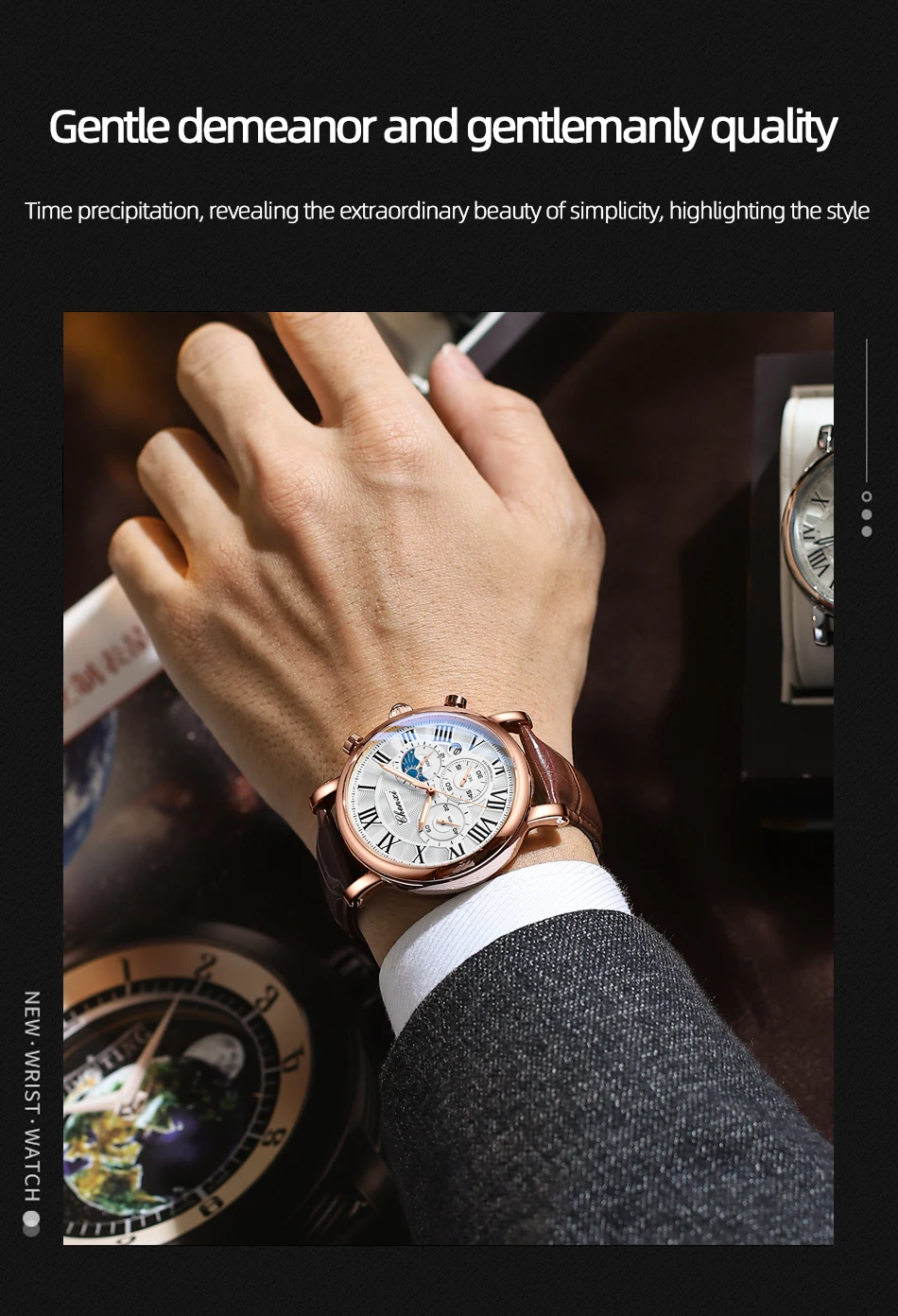 CHENXI 973 Men Quartz Watch Fashion Business Moon Phase Date Multifunctional Chronograph Leather Strap Wristwatch