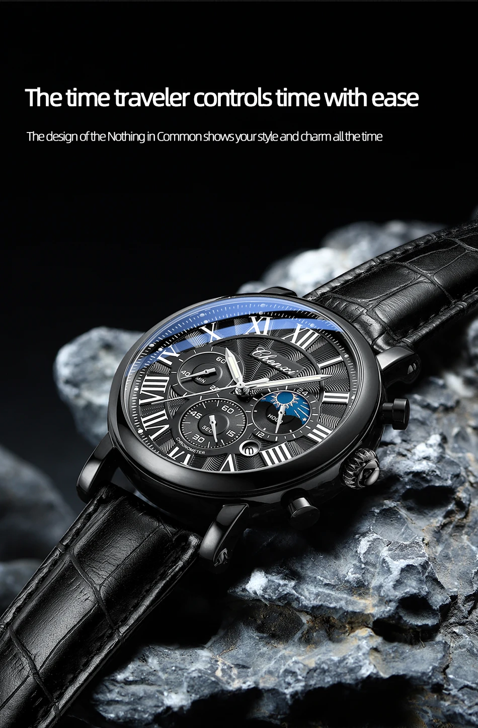 CHENXI 973 Men Quartz Watch Fashion Business Moon Phase Date Multifunctional Chronograph Leather Strap Wristwatch