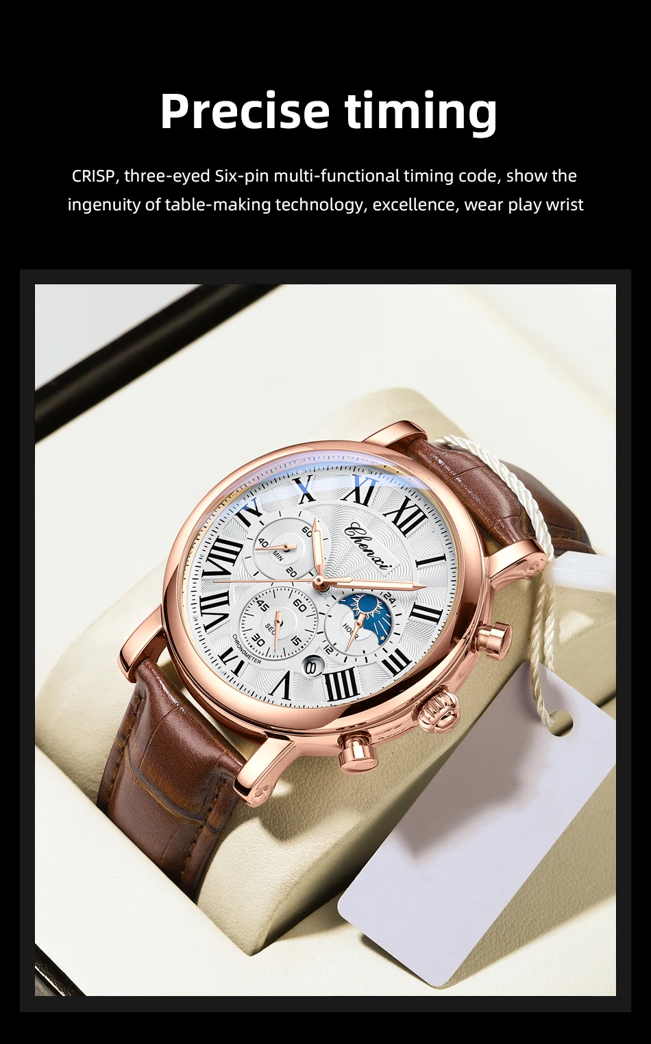 CHENXI 973 Men Quartz Watch Fashion Business Moon Phase Date Multifunctional Chronograph Leather Strap Wristwatch