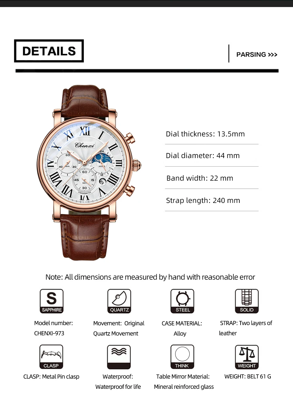 CHENXI 973 Men Quartz Watch Fashion Business Moon Phase Date Multifunctional Chronograph Leather Strap Wristwatch