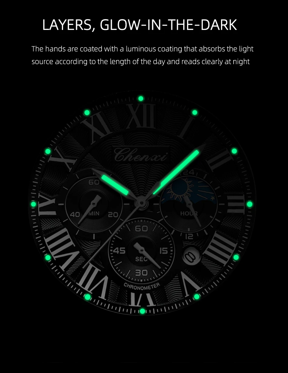 CHENXI 973 Men Quartz Watch Fashion Business Moon Phase Date Multifunctional Chronograph Leather Strap Wristwatch
